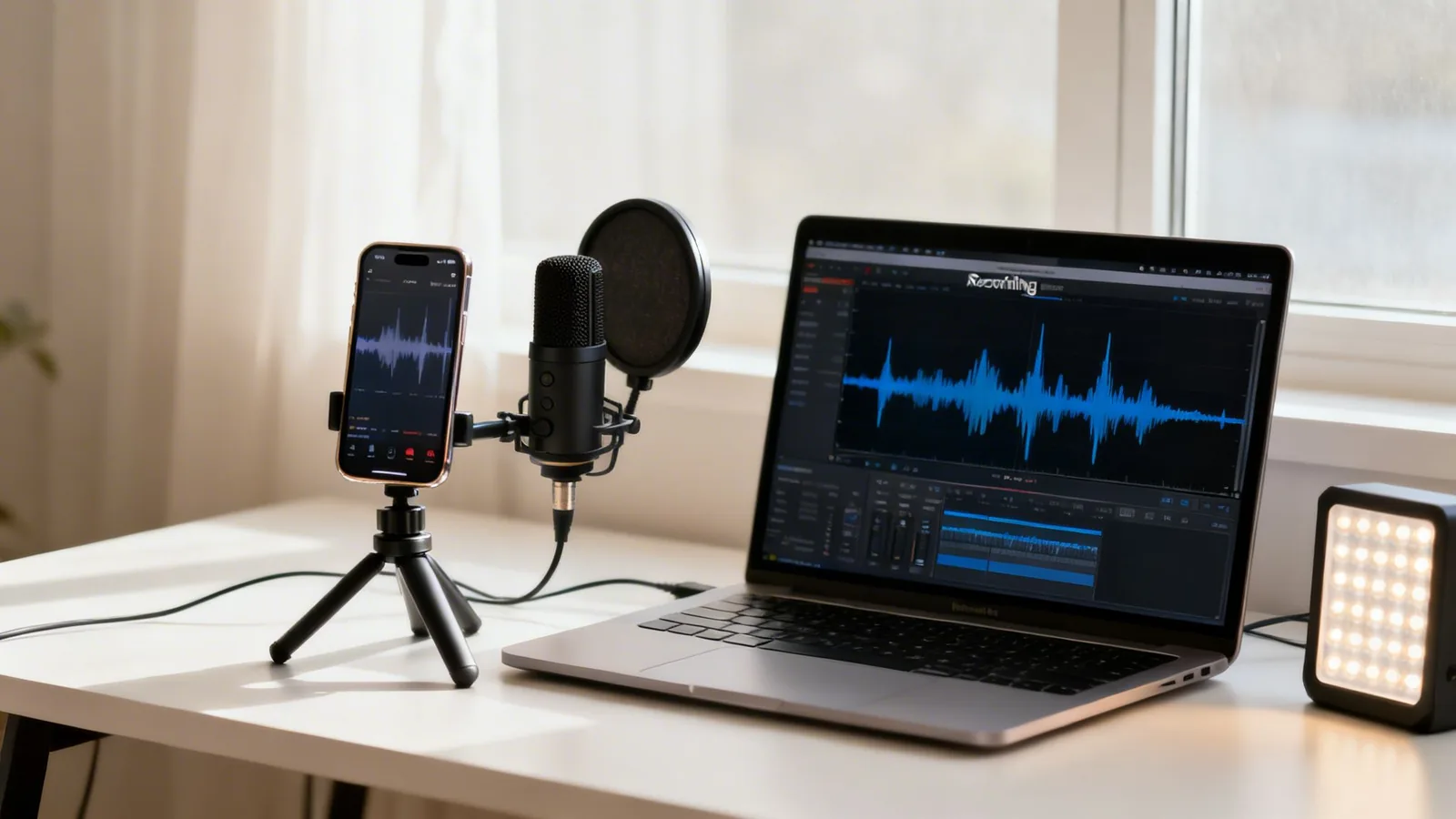 A home recording studio setup with a smartphone, microphone, laptop, and an LED light.