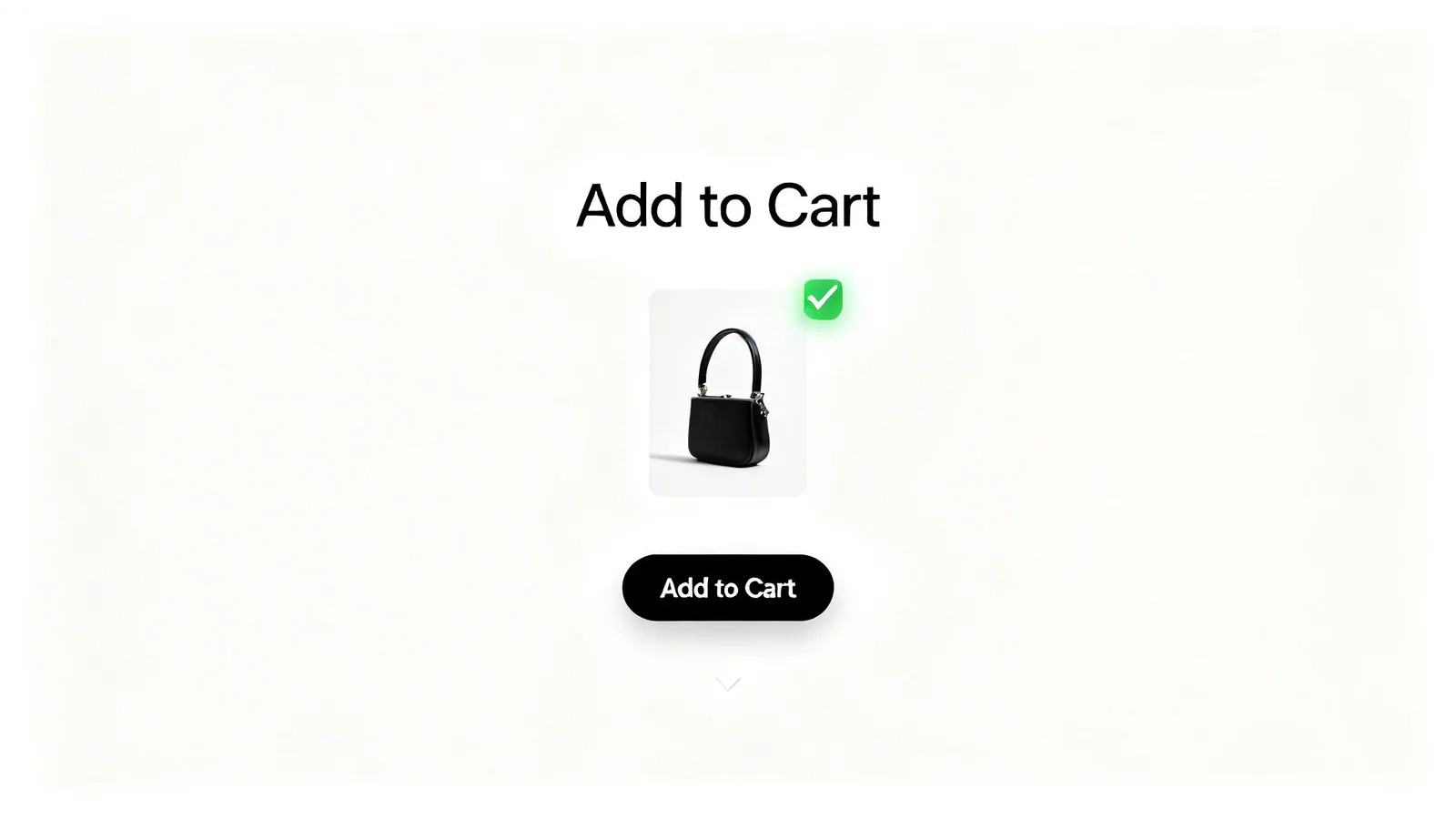 A sleek black handbag product image with a green checkmark and 'Add to Cart' button.