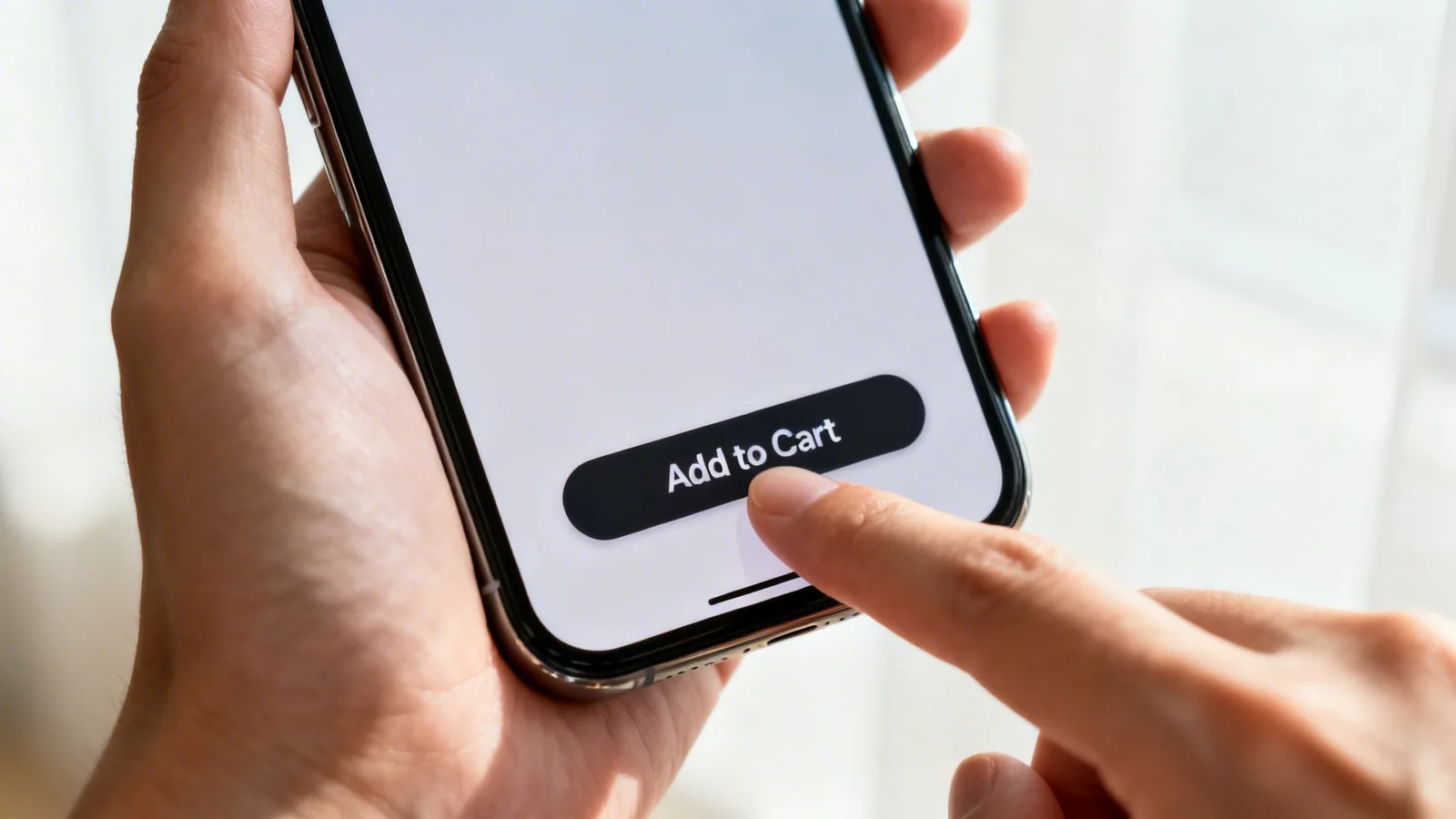 A hand holds a smartphone, with a finger tapping the 'Add to Cart' button on a white screen.