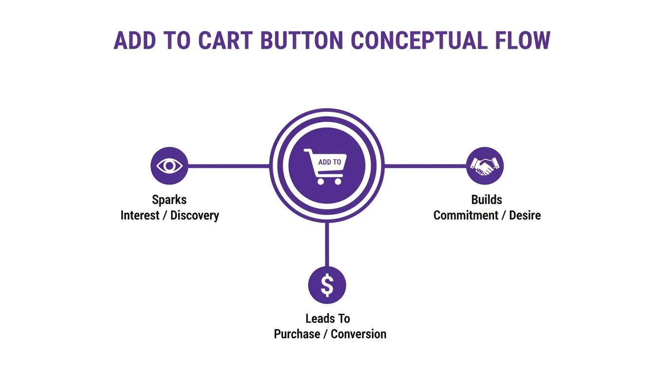 Conceptual flow diagram illustrating how an Add to Cart button sparks interest, builds desire, and leads to purchase.