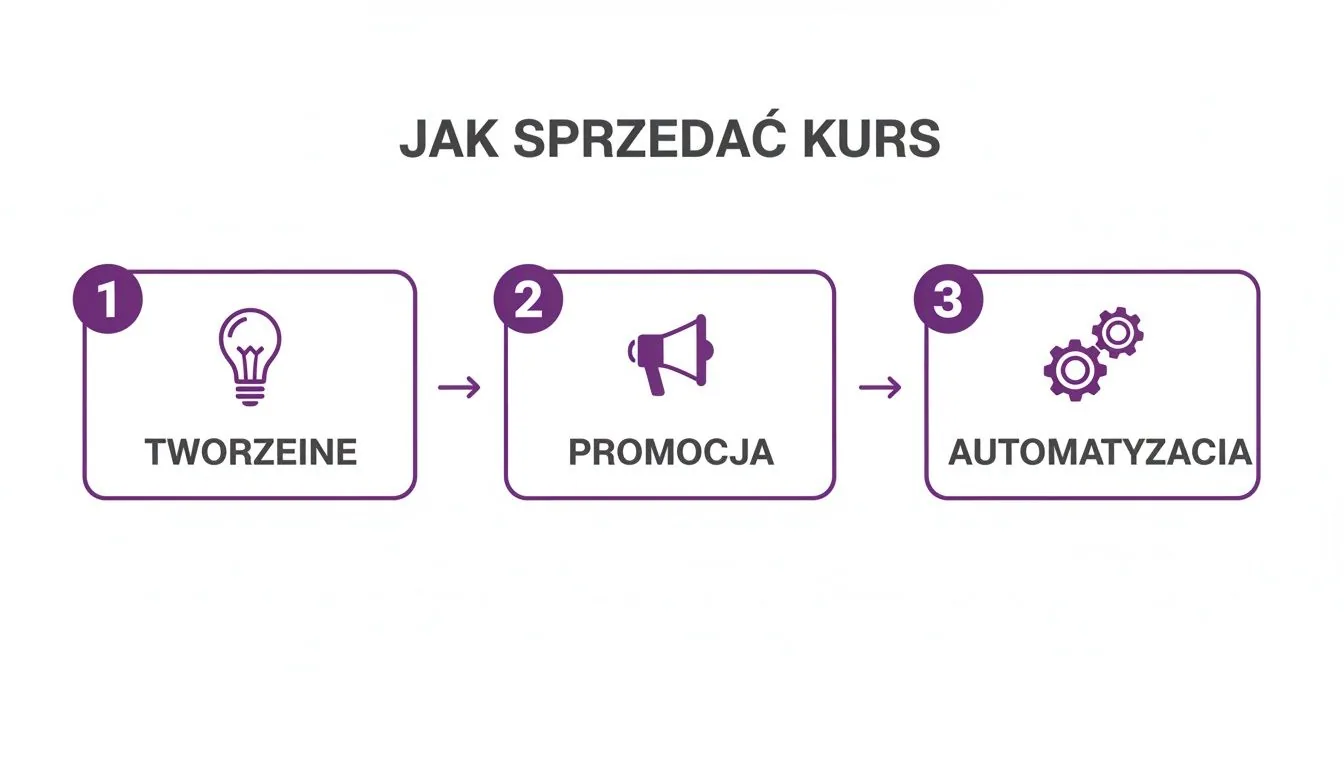 Schemat przedstawiający trzy kluczowe etapy sprzedaży kursu online: tworzenie, promocja i automatyzacja procesu.