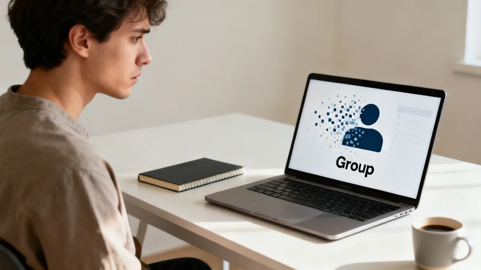 Young man looking at a laptop screen displaying a 'Group' icon dissolving into pixels.