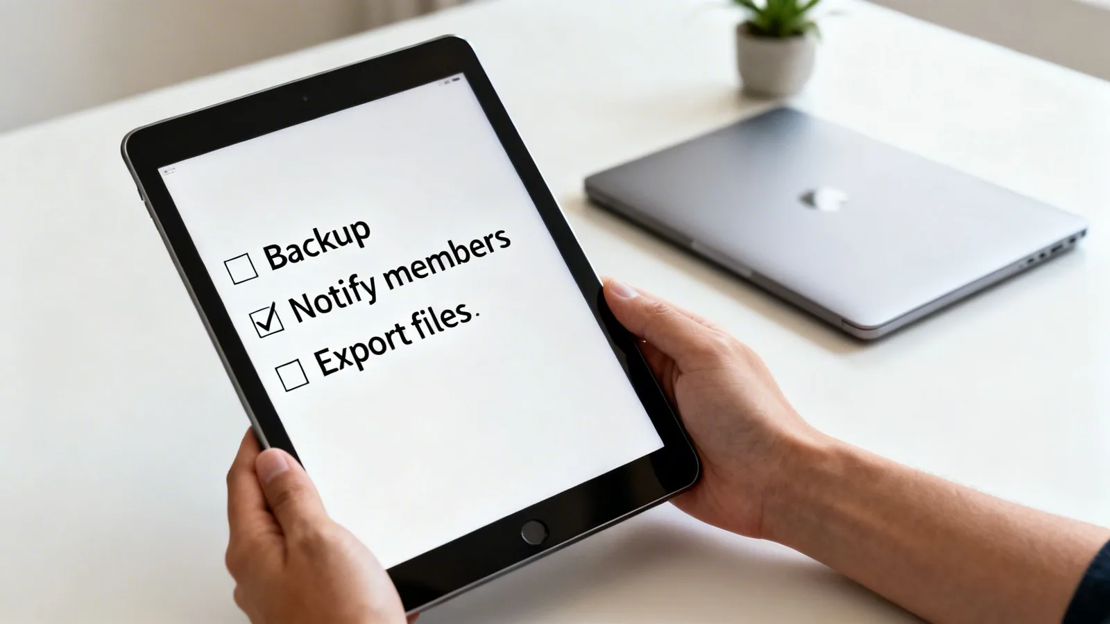 A person holds a tablet displaying a digital checklist with 'Notify members' checked and other tasks.