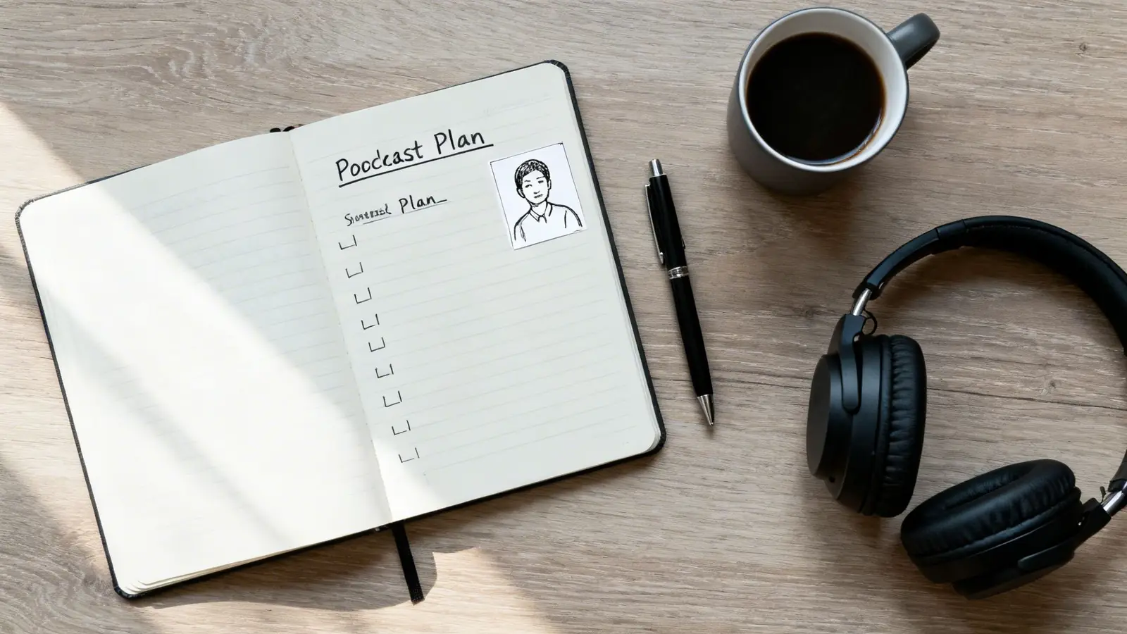 Overhead view of a podcast plan notebook, pen, coffee mug, and headphones on a wooden desk.