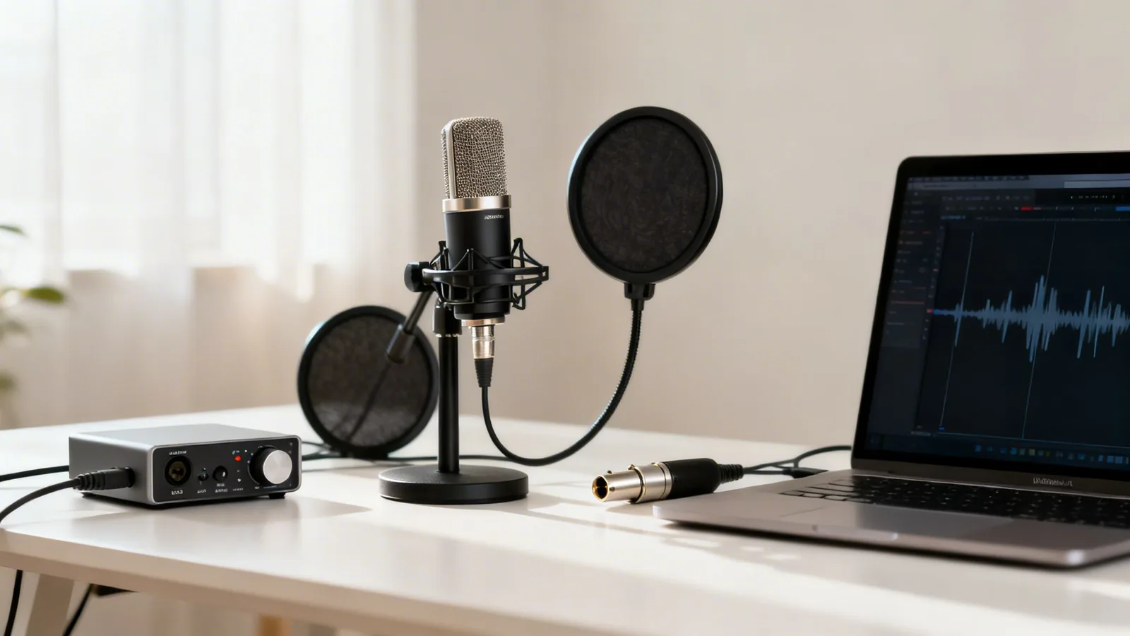A podcast recording setup with a microphone, pop filter, audio interface, and a laptop on a white desk.