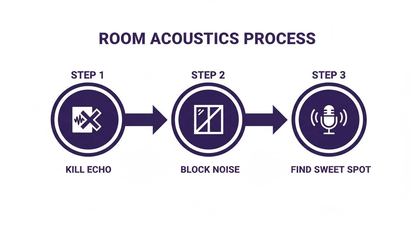 Infographic illustrating a three-step room acoustics process: echo reduction, noise blocking, and optimal microphone placement.