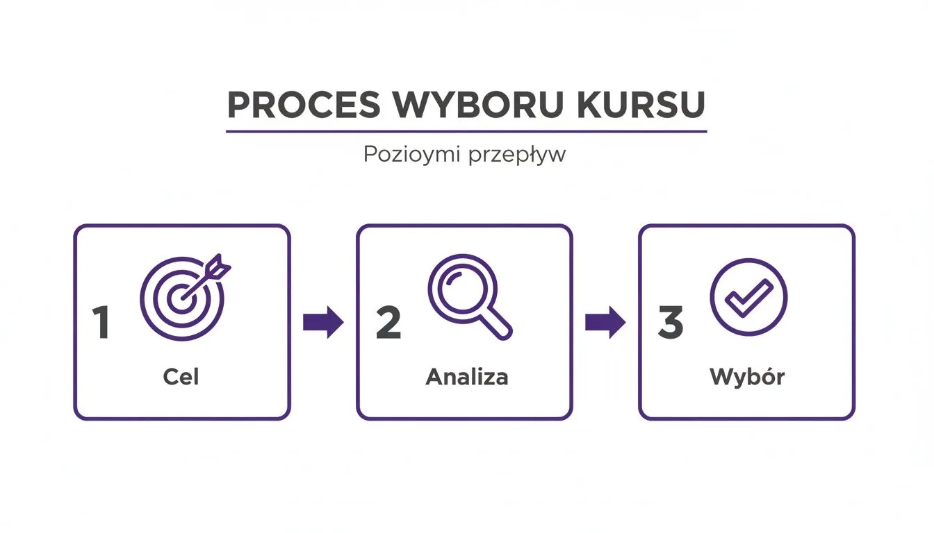 Grafika przedstawiająca trzystopniowy proces wyboru kursu: 1. Cel, 2. Analiza, 3. Wybór, z odpowiednimi ikonami.