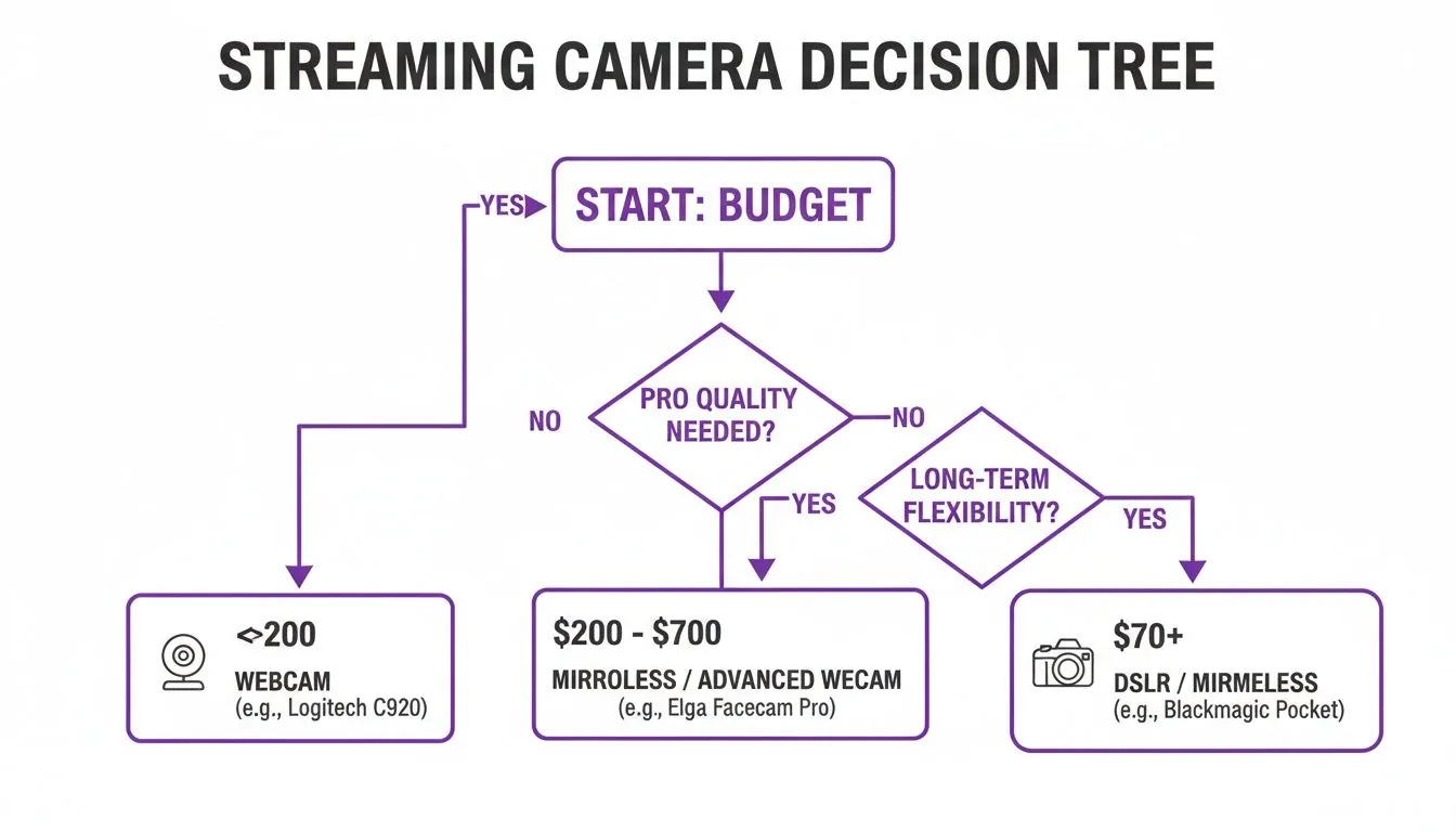A streaming camera decision tree flowchart guides users based on budget, quality, and long-term flexibility.
