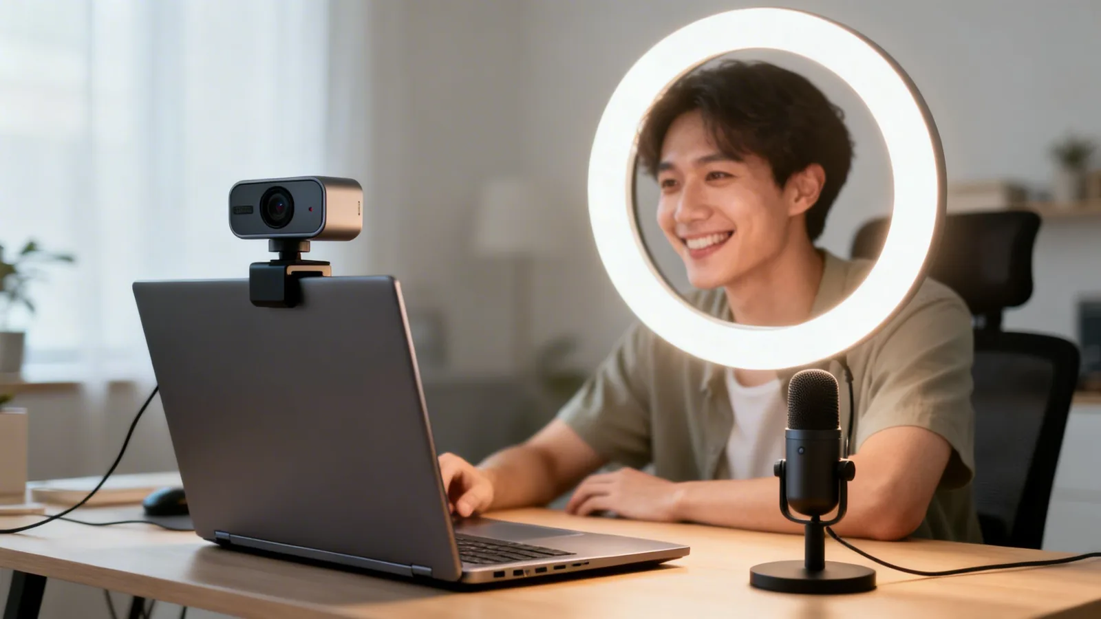 A smiling man using a laptop, webcam, ring light, and microphone for streaming.