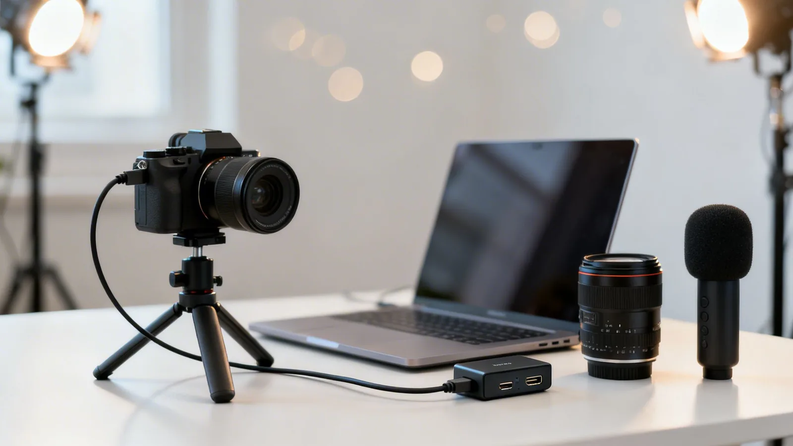 A complete streaming setup with a camera, laptop, capture card, lens, and microphone on a white table.