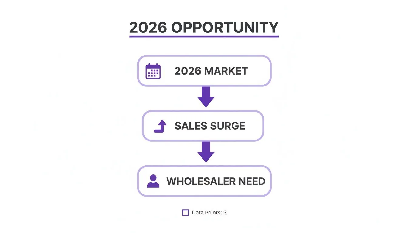 Flowchart illustrating 2026 market opportunity, sales surge, and resulting wholesaler need.