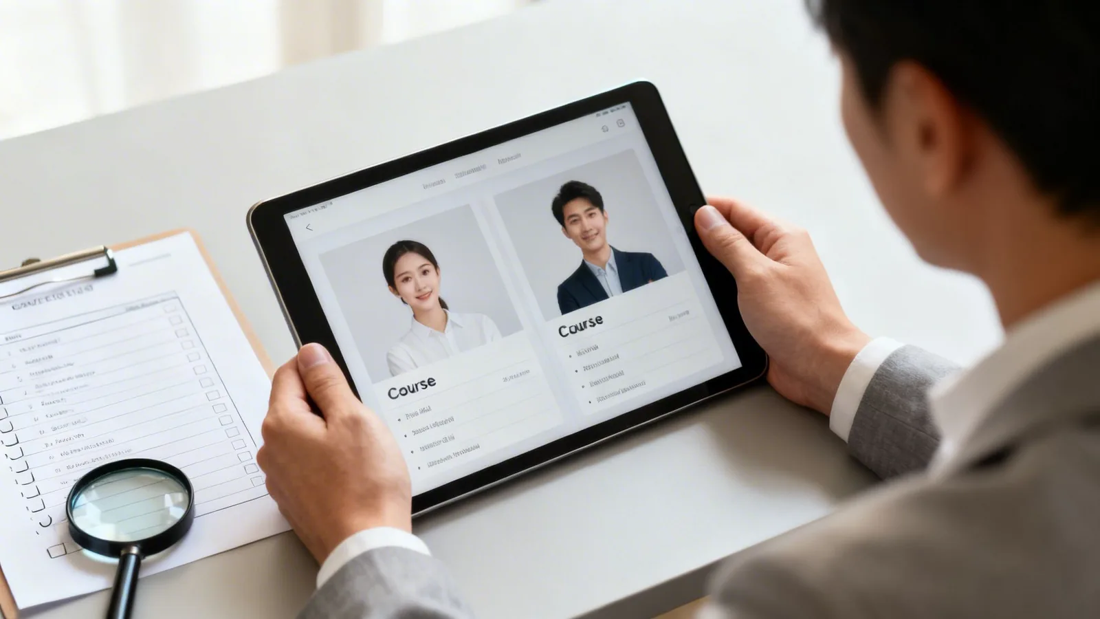 Person reviews online courses on a tablet, with a checklist and magnifying glass nearby.