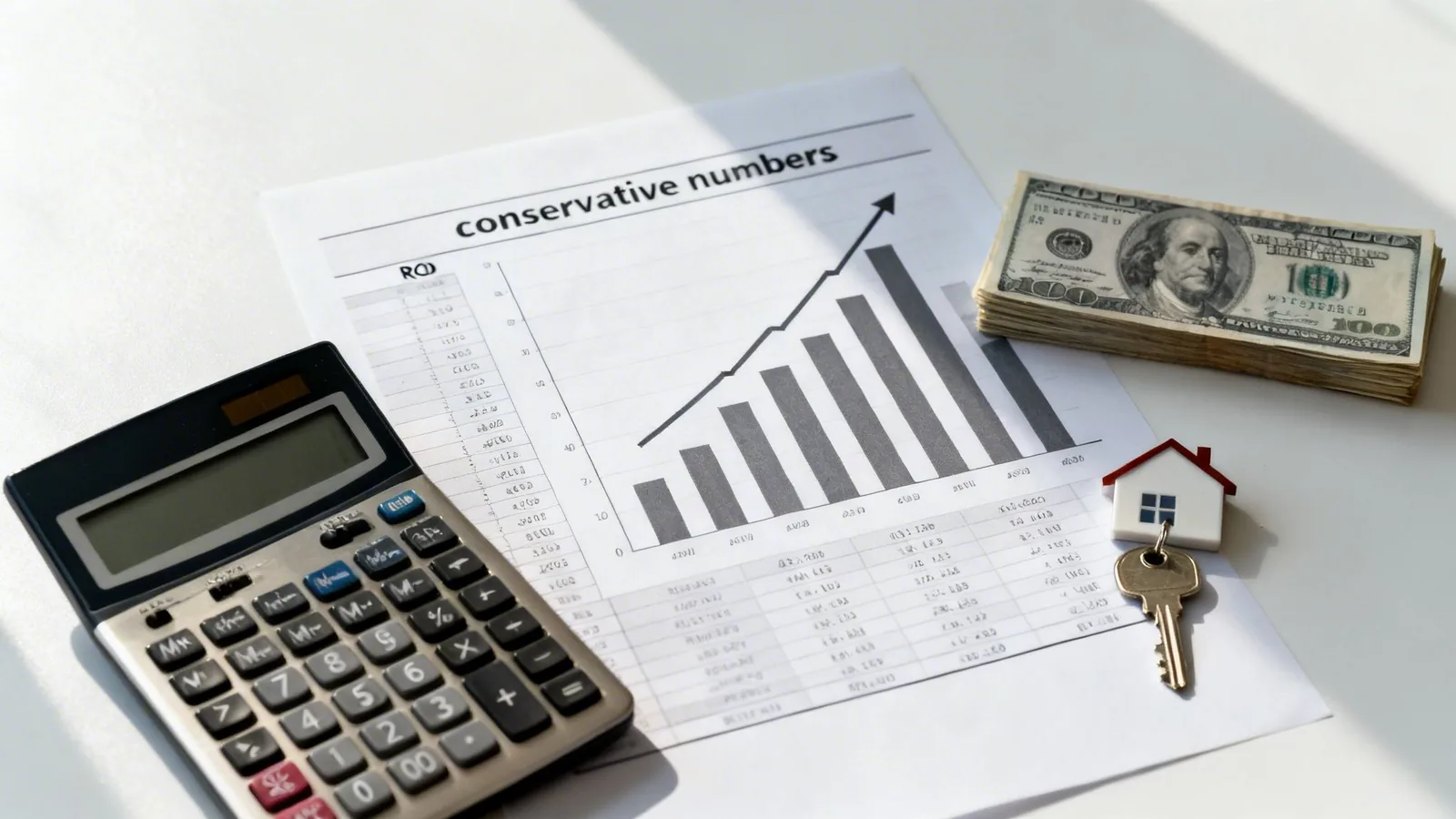 A calculator, financial report with a rising bar chart, cash, and a miniature house with key.
