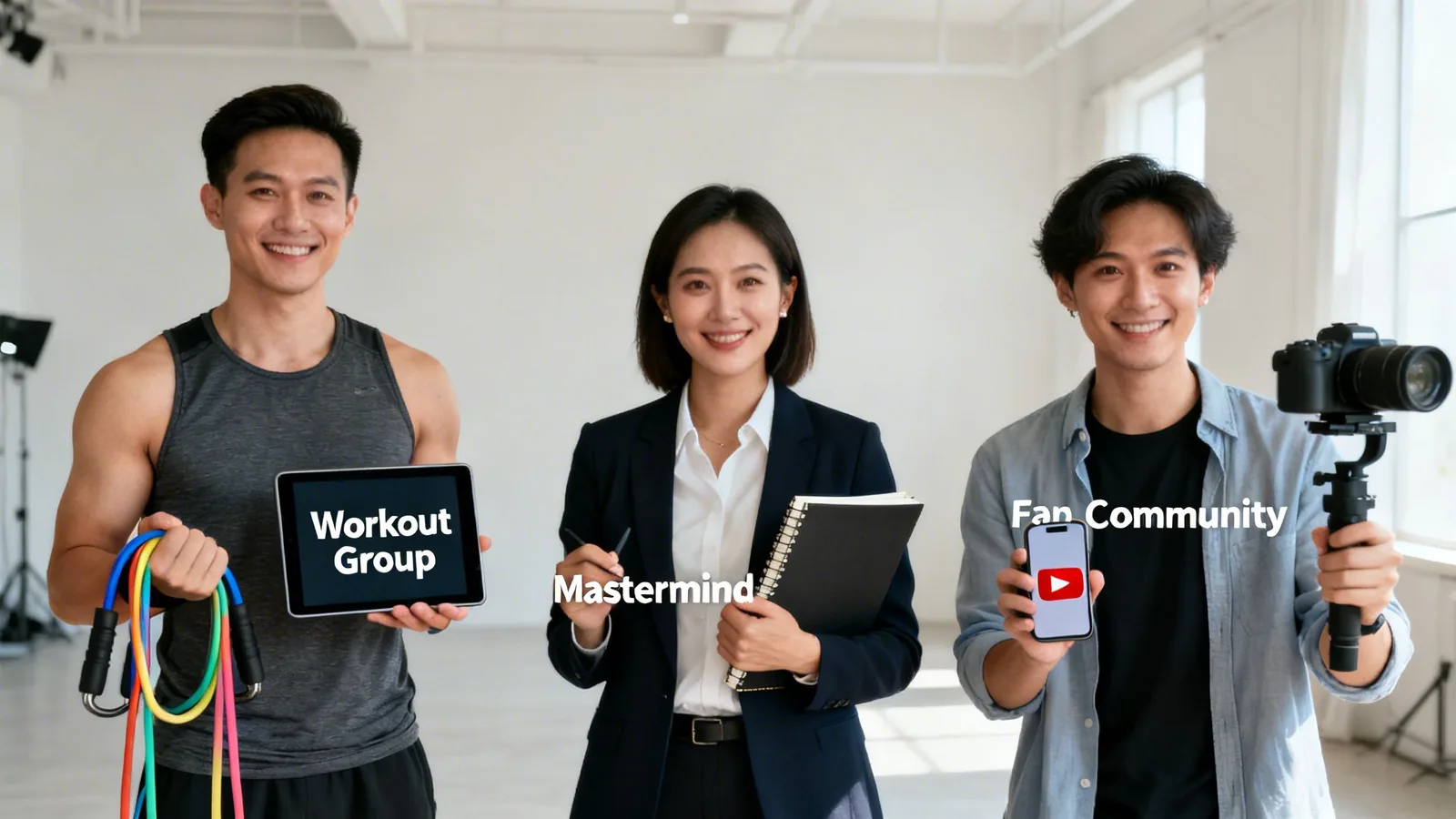 Three people represent a workout group, a mastermind, and a fan community with their respective items.