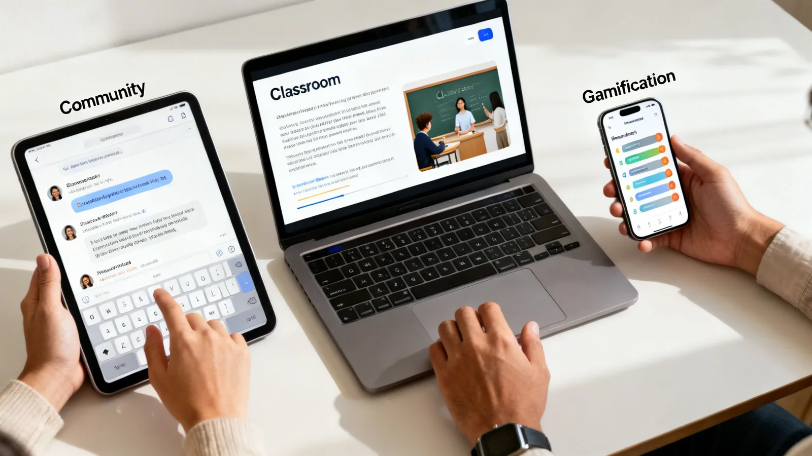 Three digital devices display an online learning platform with community chat, classroom lessons, and gamification.