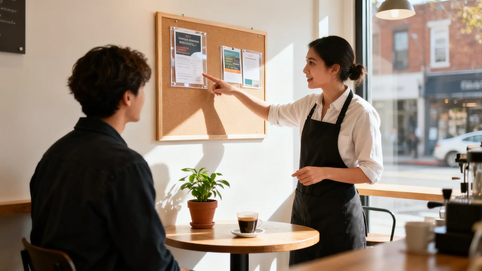 A friendly barista points at a menu board, explaining options to a male customer in a bright cafe.