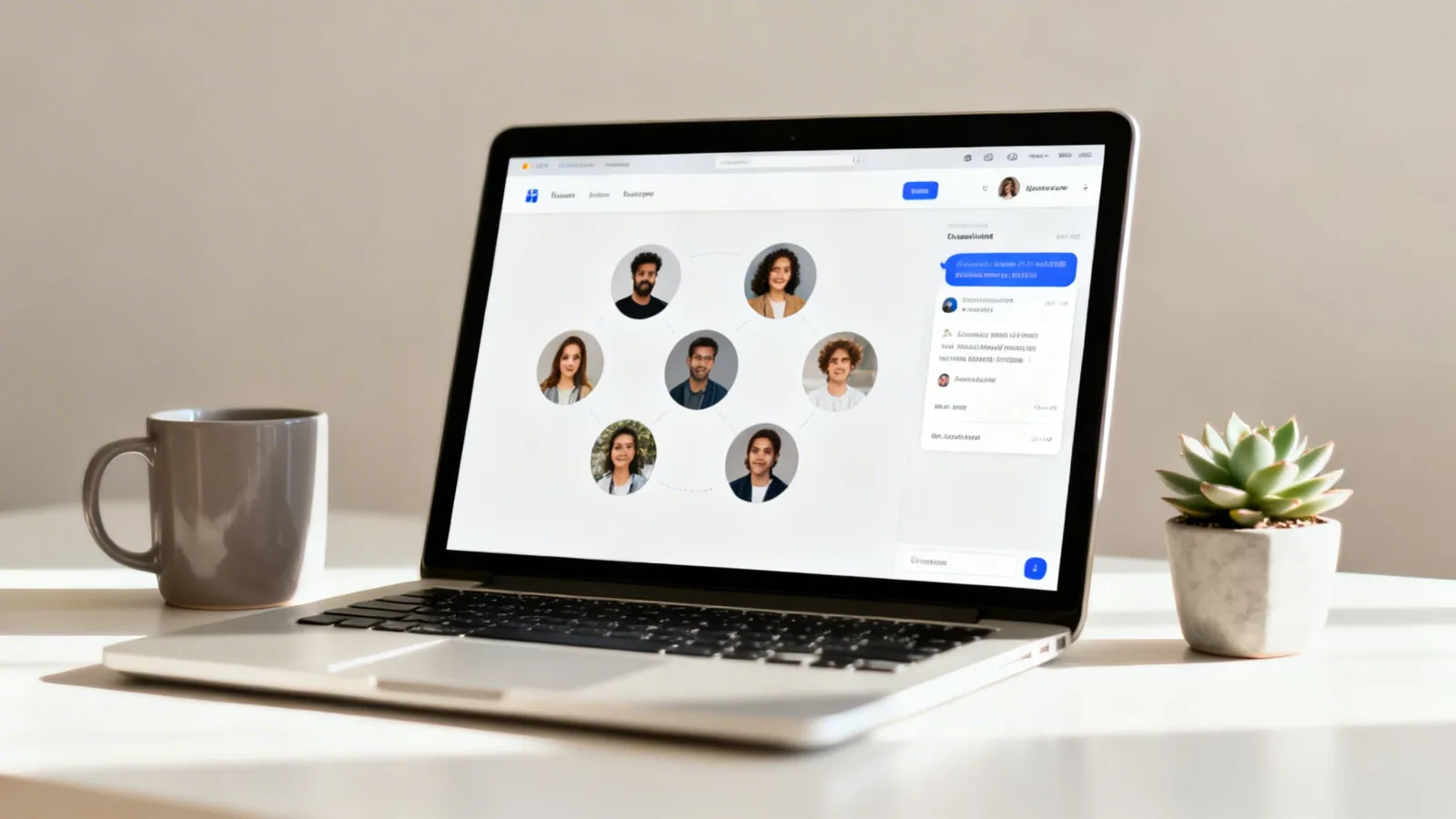 A laptop on a white desk displaying a social network interface with interconnected profile pictures, next to a mug and a succulent plant.