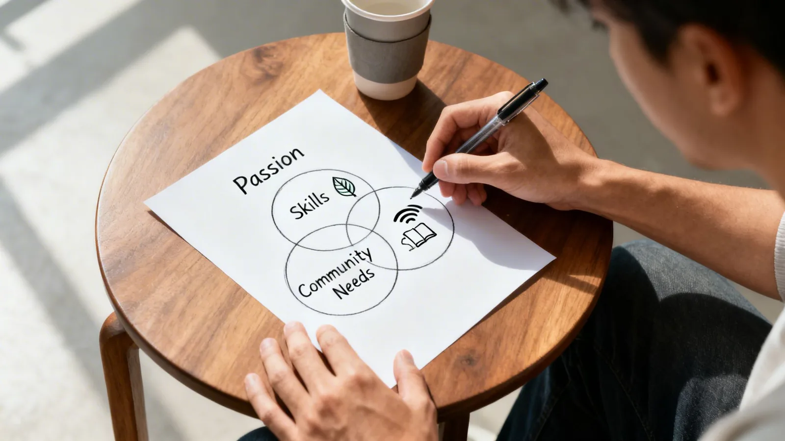 Close-up of a person drawing a Venn diagram about passion, skills, and community needs on a paper.