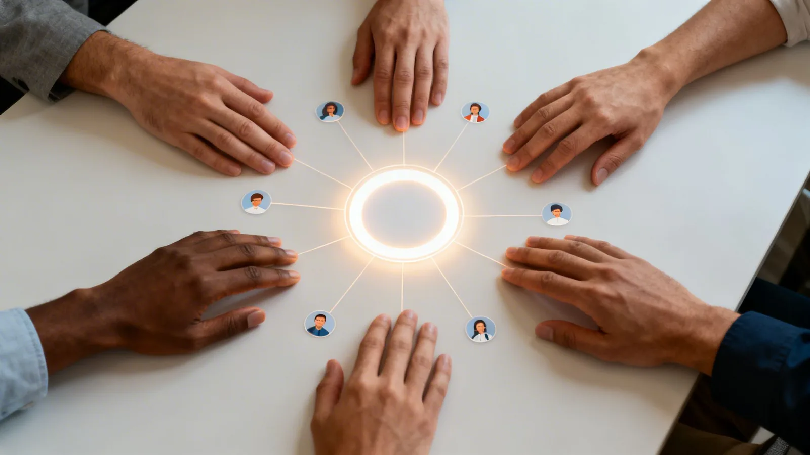 Overhead view of diverse hands on a table, connecting to a central glowing network hub with user avatars.