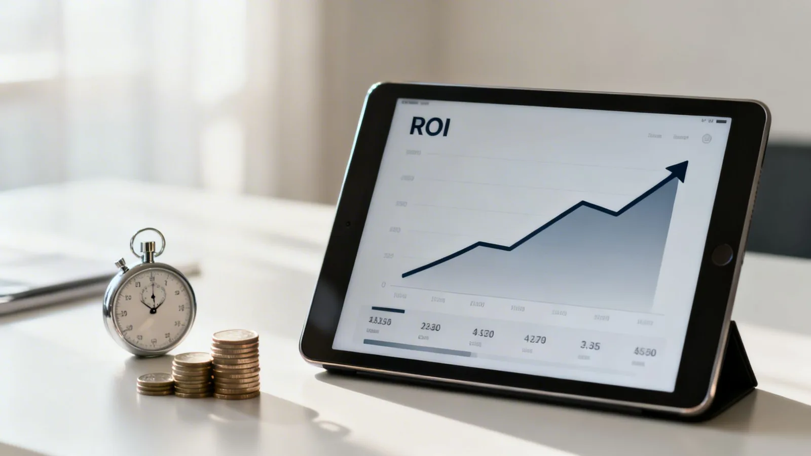 A tablet displays an ROI growth chart with an upward trend, alongside a stopwatch and stacks of coins.