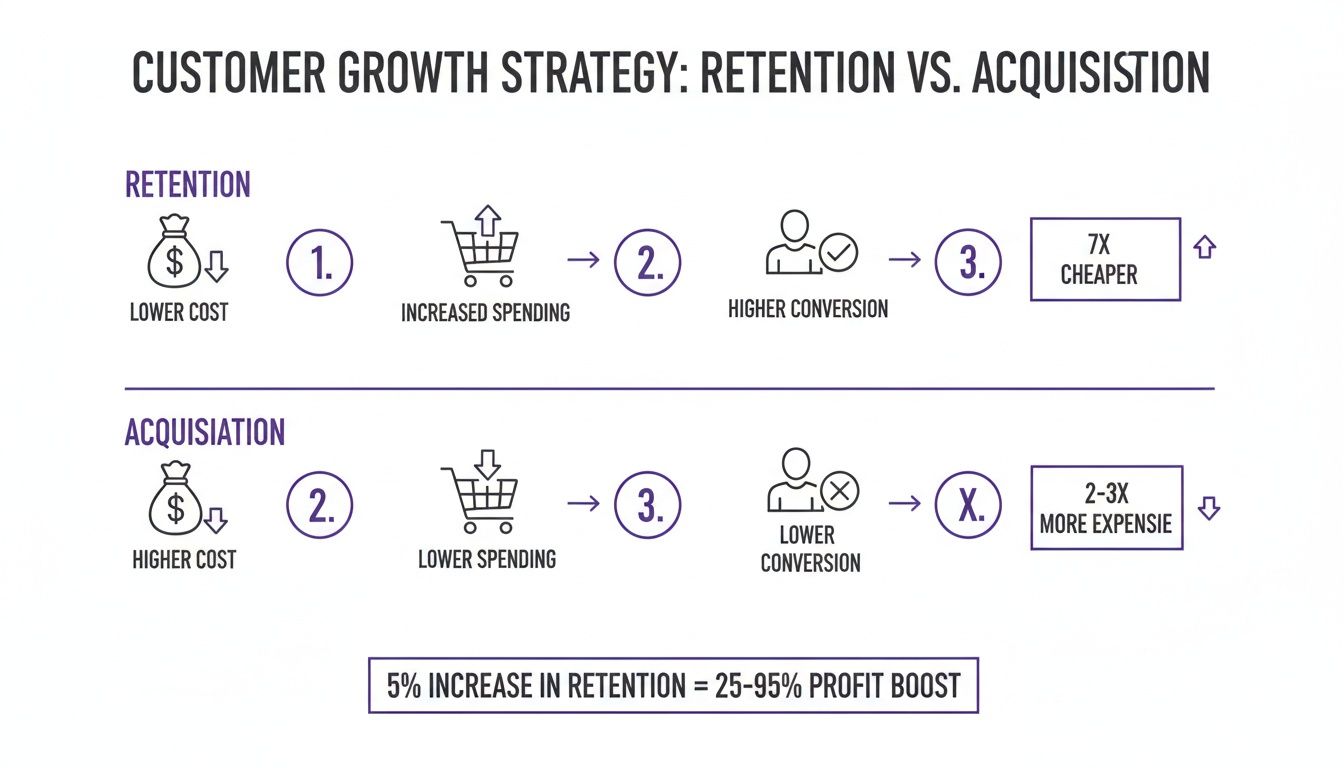 Infographic comparing customer retention benefits like lower cost and higher conversion versus acquisition's higher expense.