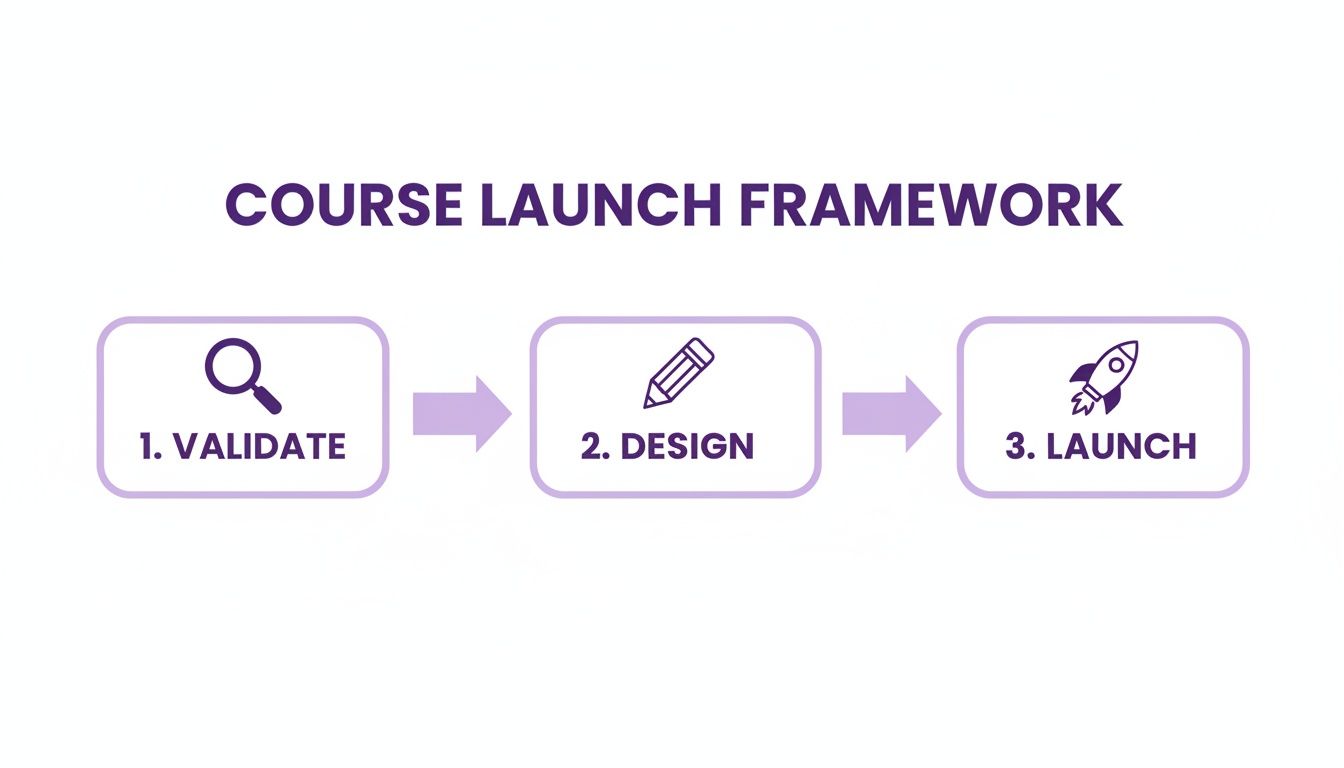 A course launch framework diagram showing three steps: validate, design, and launch, represented by icons.