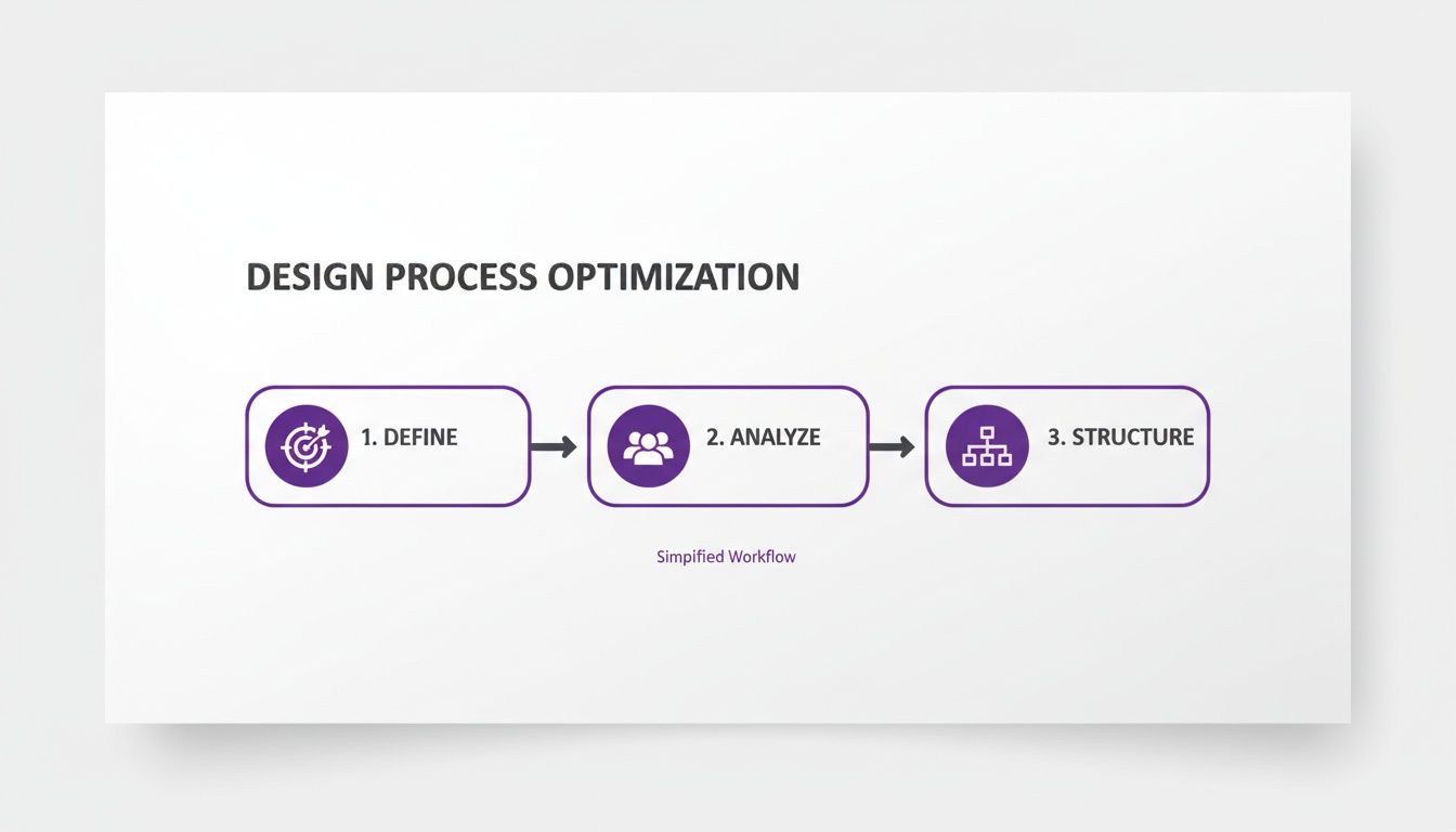 A three-step workflow diagram illustrating design process optimization with Define, Analyze, and Structure.