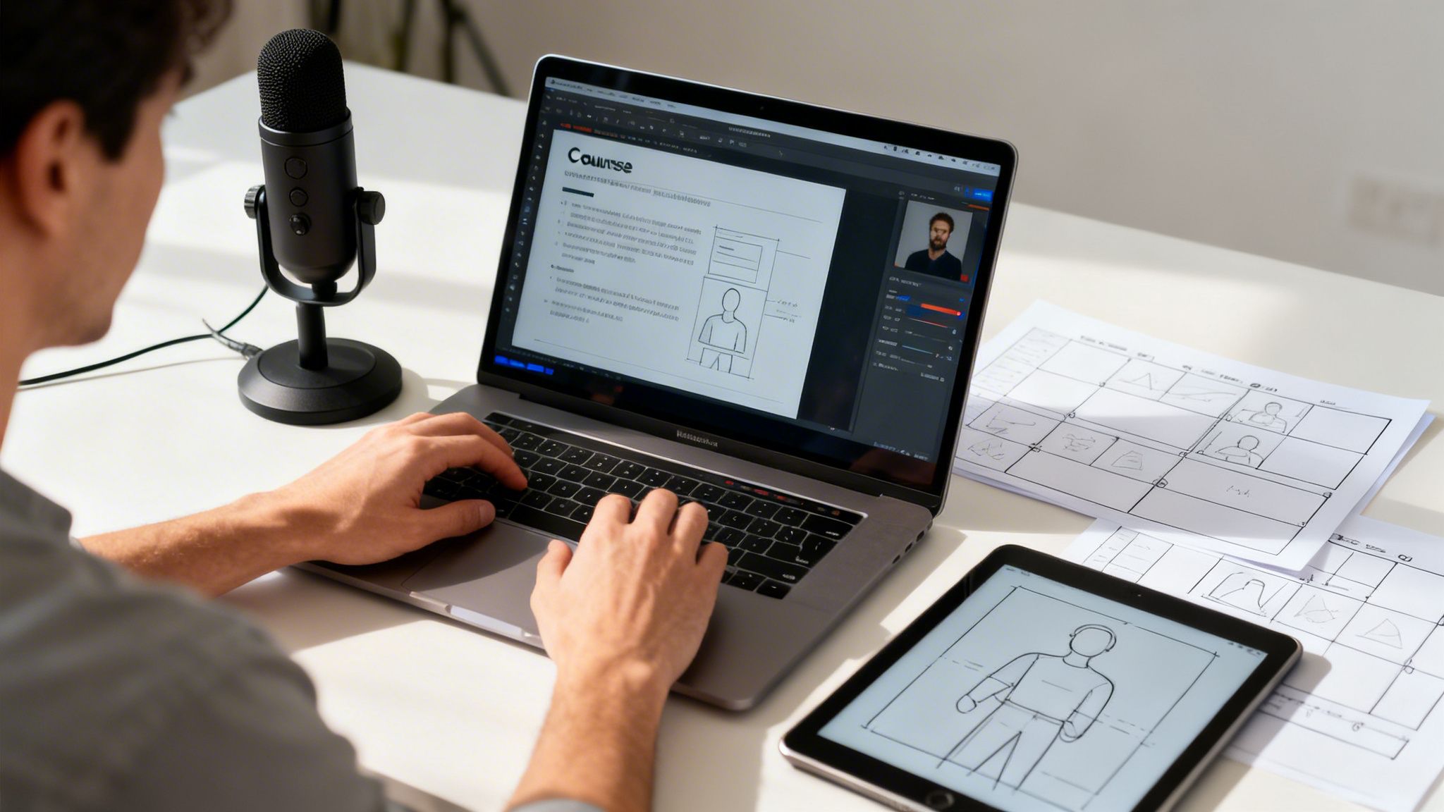 Person working on a laptop and tablet, recording with a microphone, creating online course content.