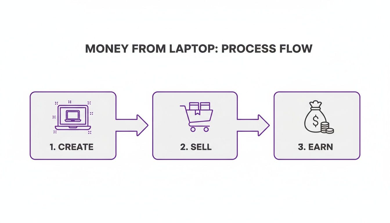 A process flow diagram shows three steps to make money from a laptop: Create, Sell, and Earn.