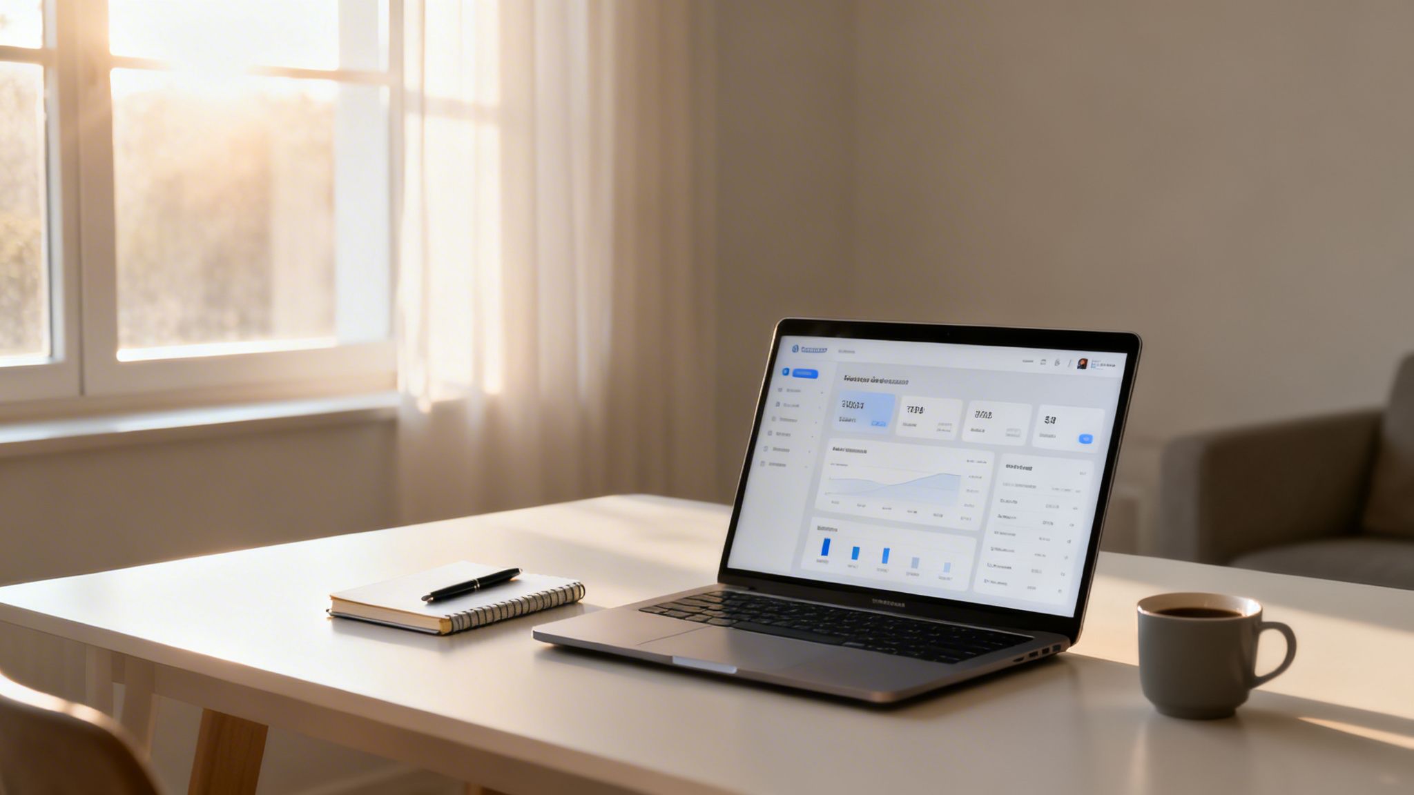 A laptop on a white desk displays data and charts, alongside a notebook, pen, and coffee mug, illuminated by sunlight from a window.