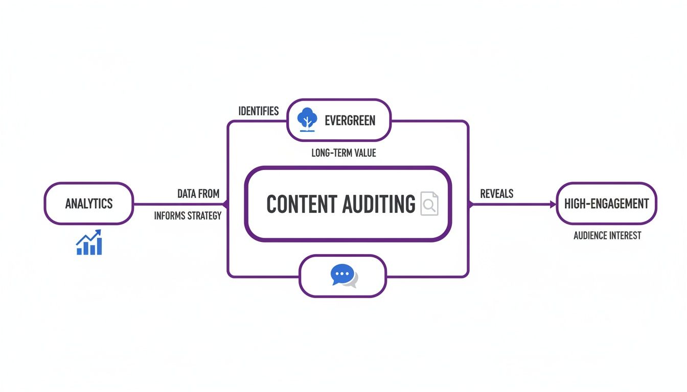 Flowchart showing how content auditing uses analytics to find evergreen and high-engagement content.