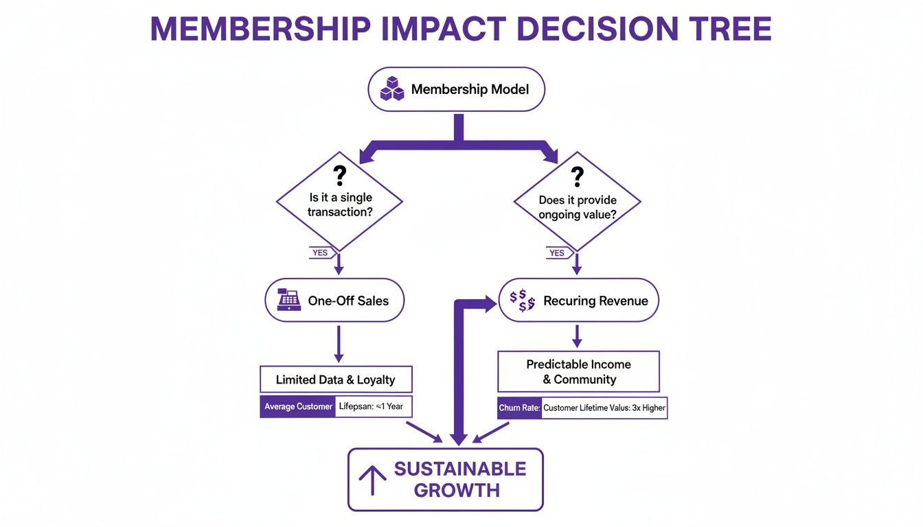 Decision tree flowchart illustrating the impact of membership models on sales, revenue, and sustainable growth.