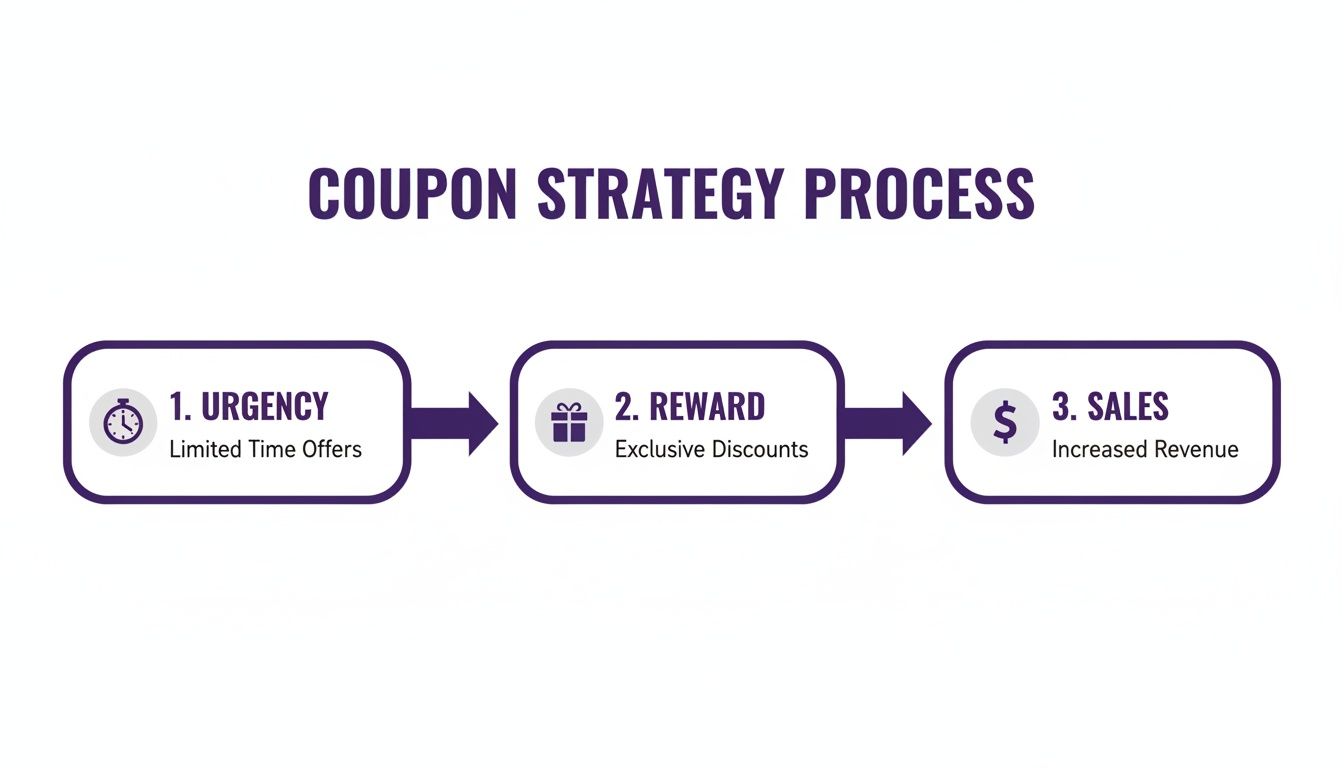 A diagram illustrating the coupon strategy process with three steps: urgency, reward, and sales.