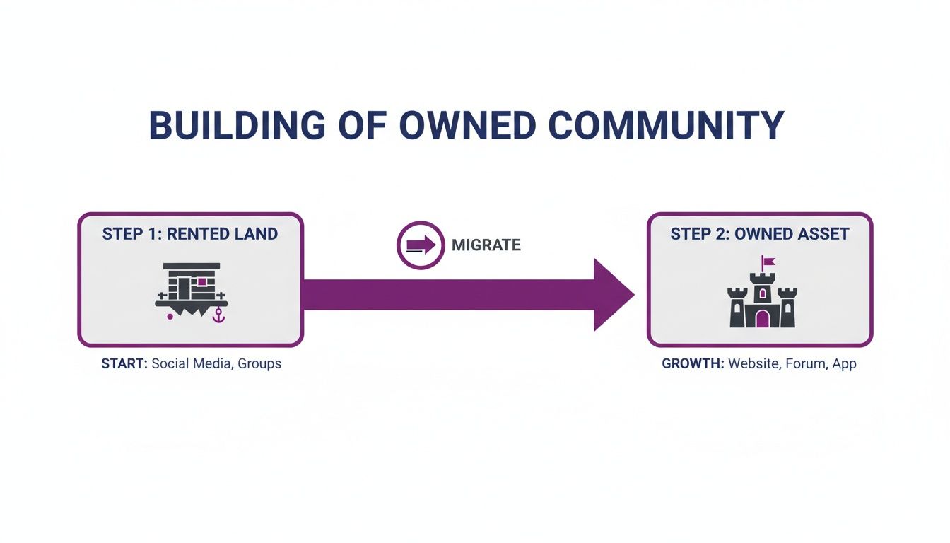 Diagram showing the journey from rented social media communities to owned website and app platforms.