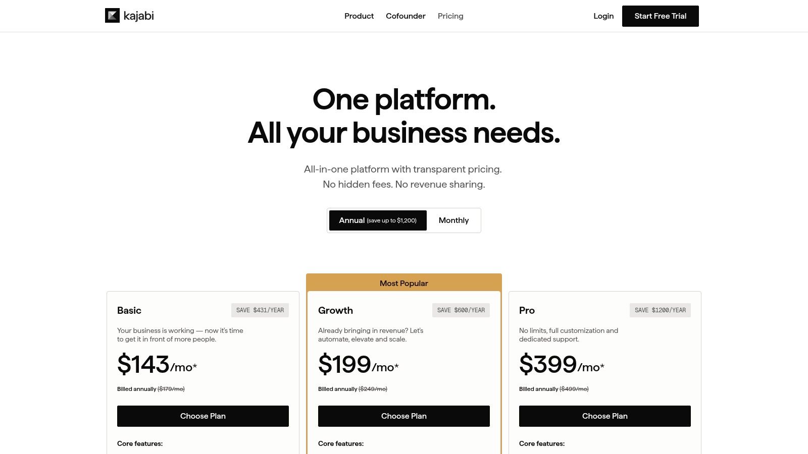 Kajabi's pricing plans show the different tiers and features available for building websites with membership.