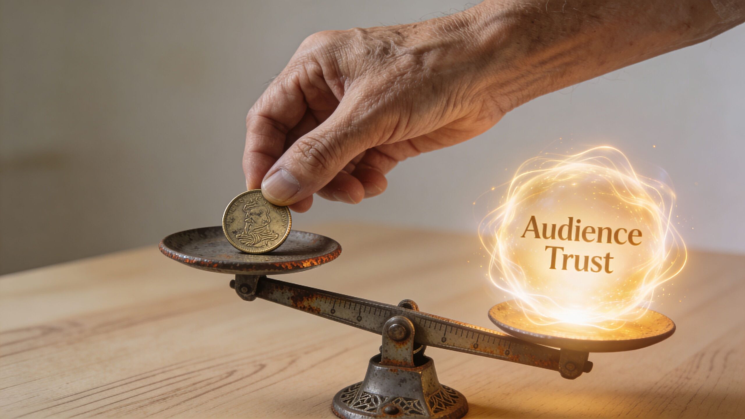 A hand places a gold coin on a balance scale opposite a glowing orb representing audience trust.