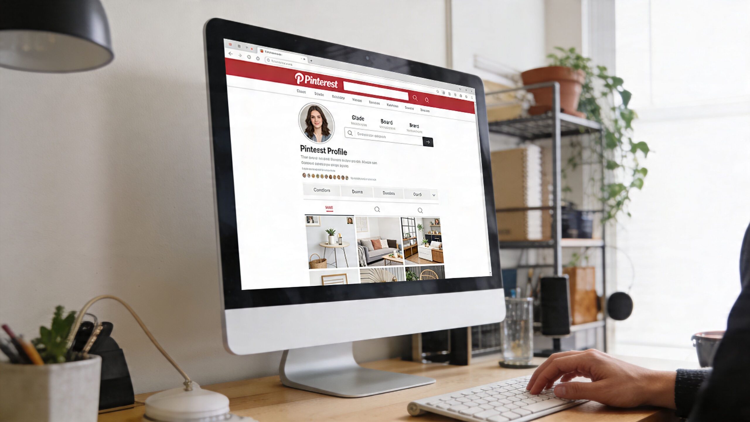 A person using a computer to view a Pinterest profile on their office desk workspace.
