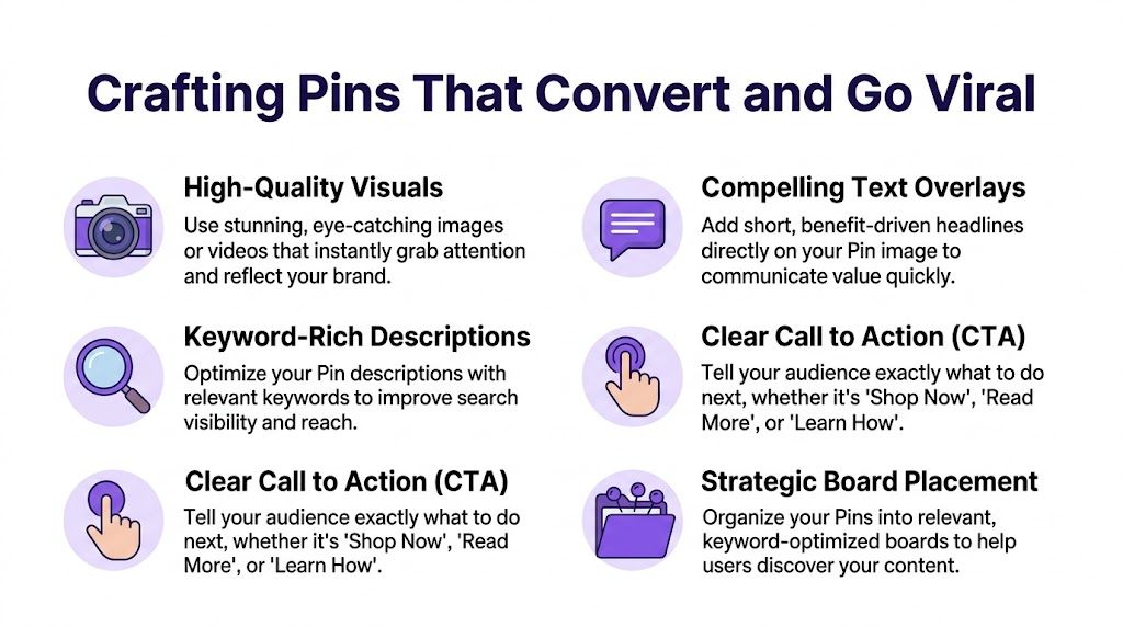 A visual guide outlining six essential strategies for creating effective and viral Pinterest marketing content.