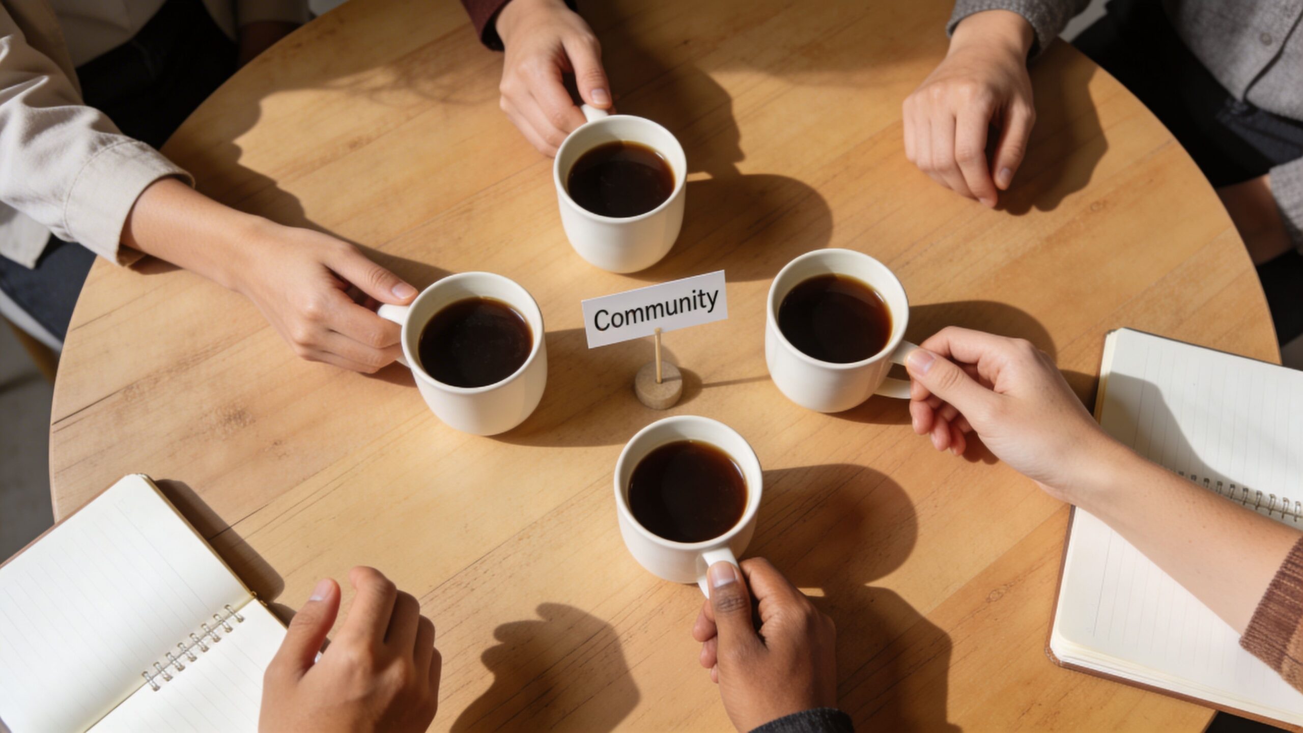 Four people sit at a round wooden table with coffee cups and a sign labeled community.