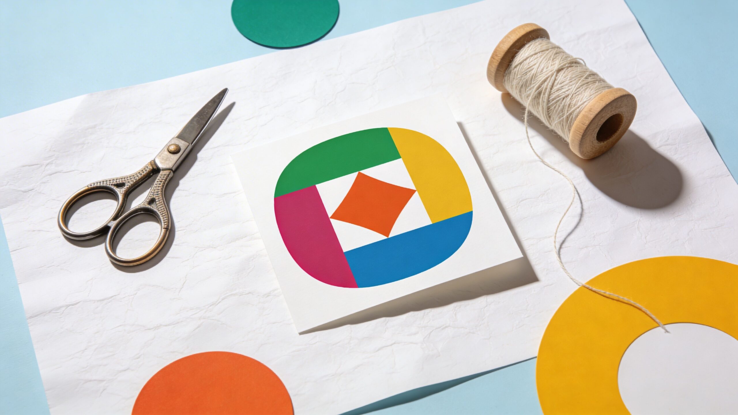 A creative workspace featuring a graphic design print, vintage scissors, thread spool, and colorful paper circles.