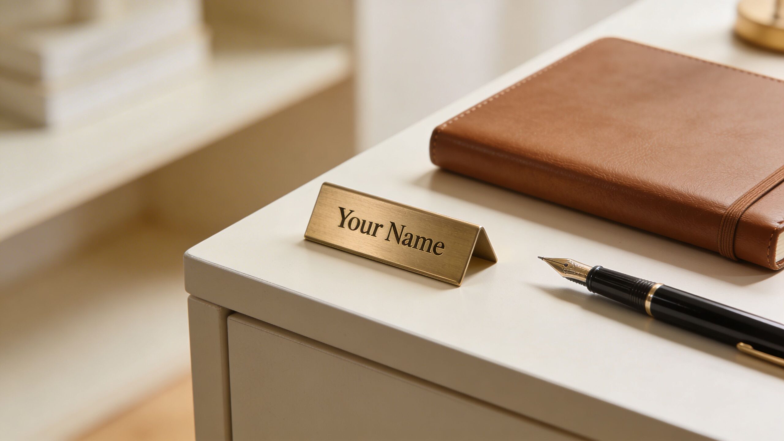 A gold name plate on a desk next to a brown leather journal and fountain pen