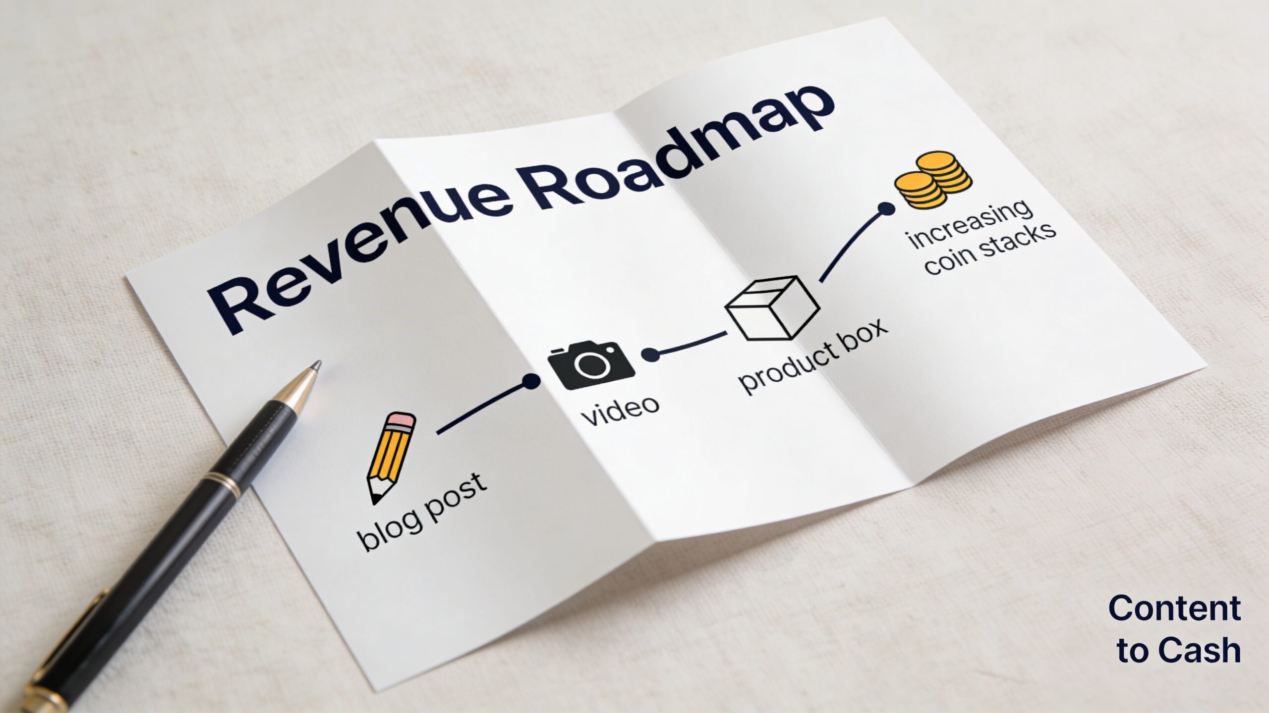 A paper diagram illustrating a Revenue Roadmap showing a workflow from blog posts to product sales.