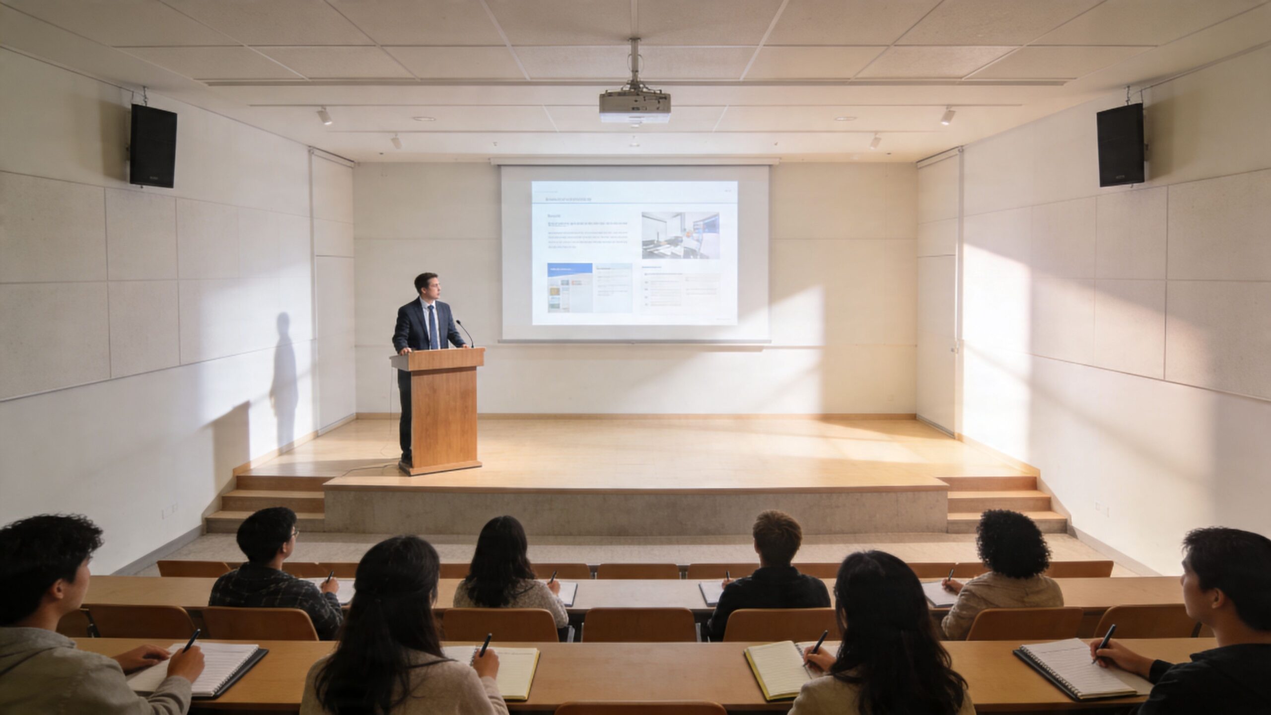 A professional lecturer stands at a podium in a modern university lecture hall addressing several students.