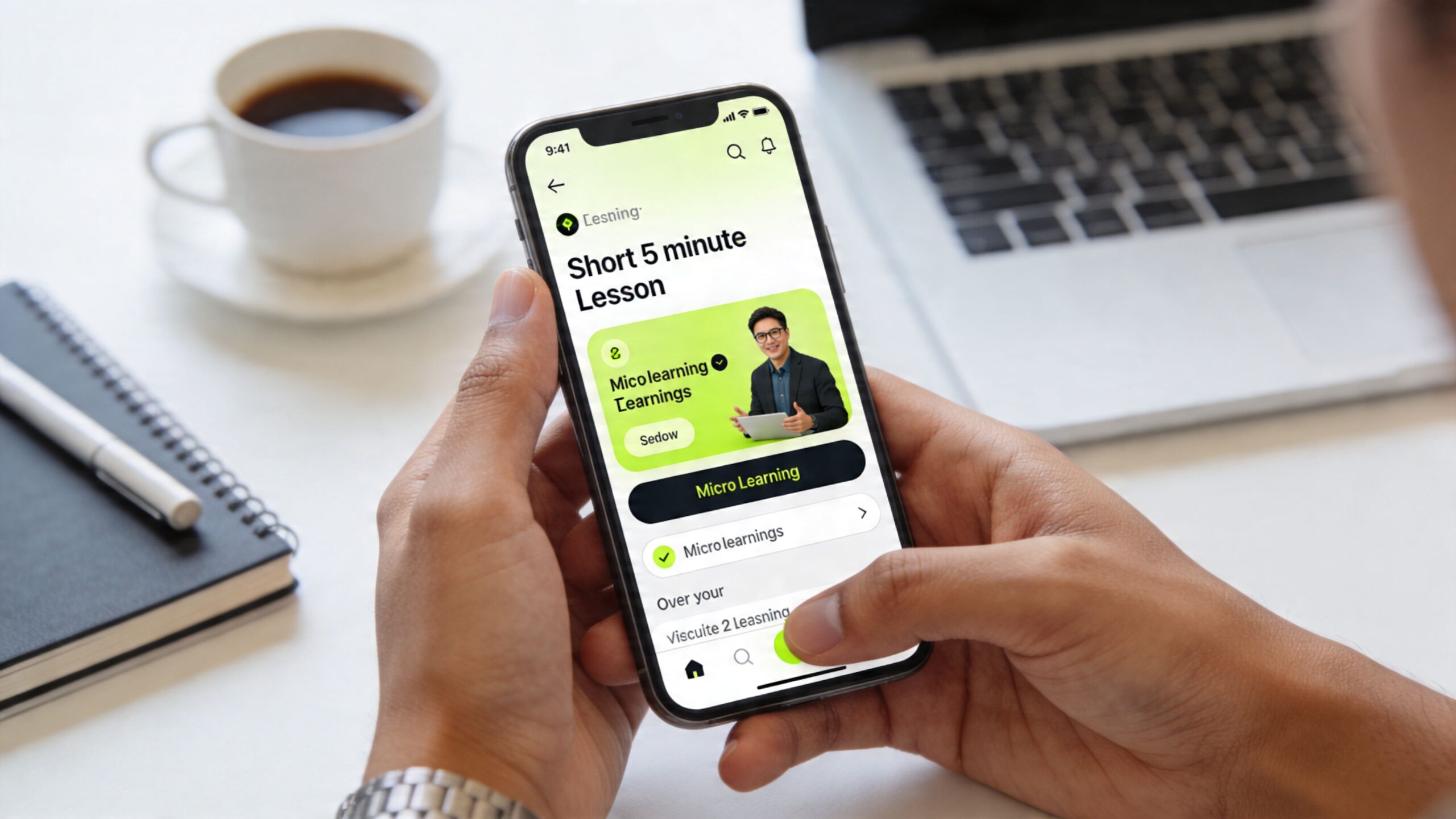 A person holding a smartphone displaying a mobile app focused on short, five-minute microlearning educational lessons.