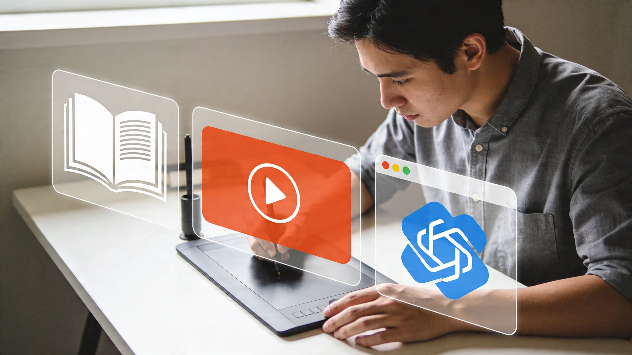 A young man uses a digital drawing tablet while surrounded by digital icons representing learning and media.