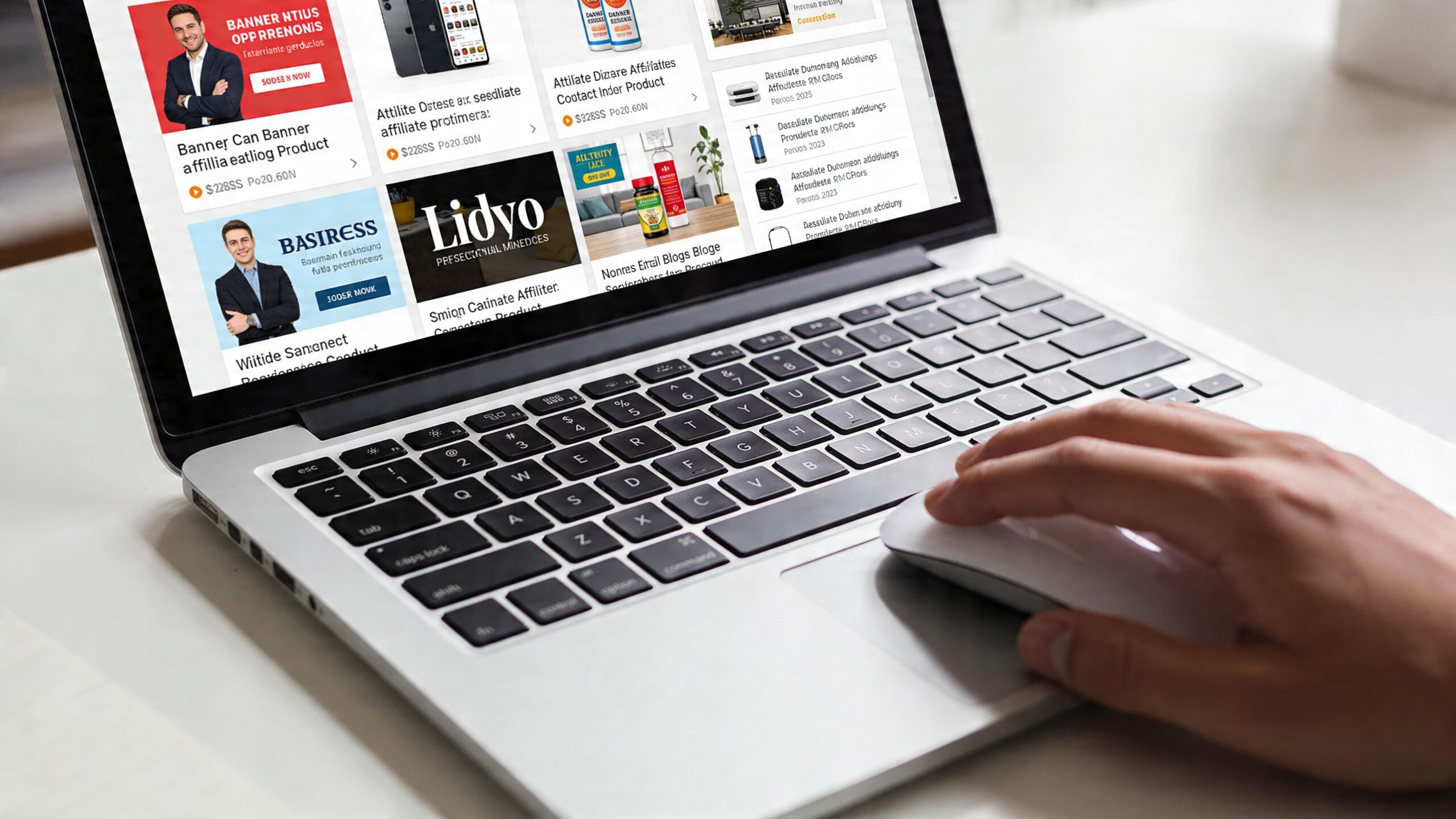 A person using a laptop computer to browse affiliate marketing content and business websites on a desk.