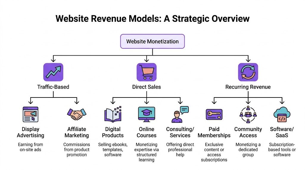 A flowchart diagram illustrating various website monetization strategies categorized into traffic-based, direct sales, and recurring revenue models.
