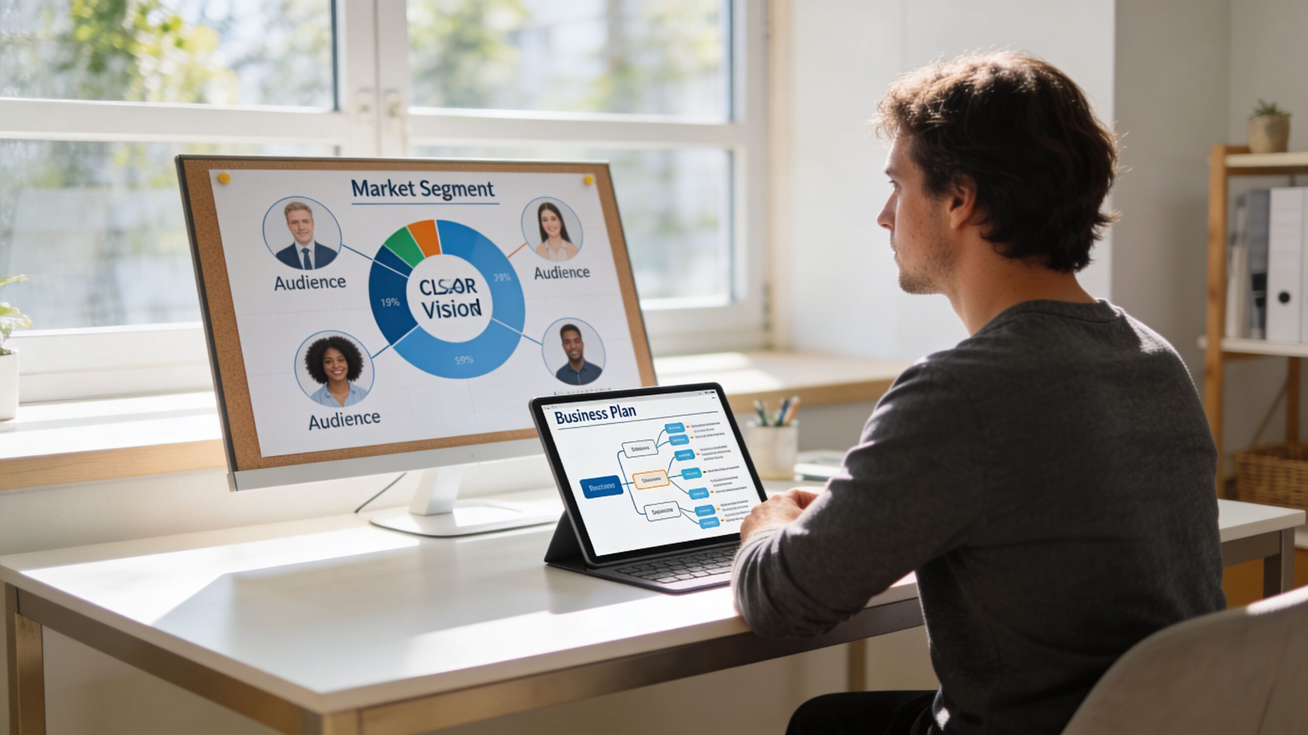 A professional working on a business plan with market segment data displayed on two computer monitors.
