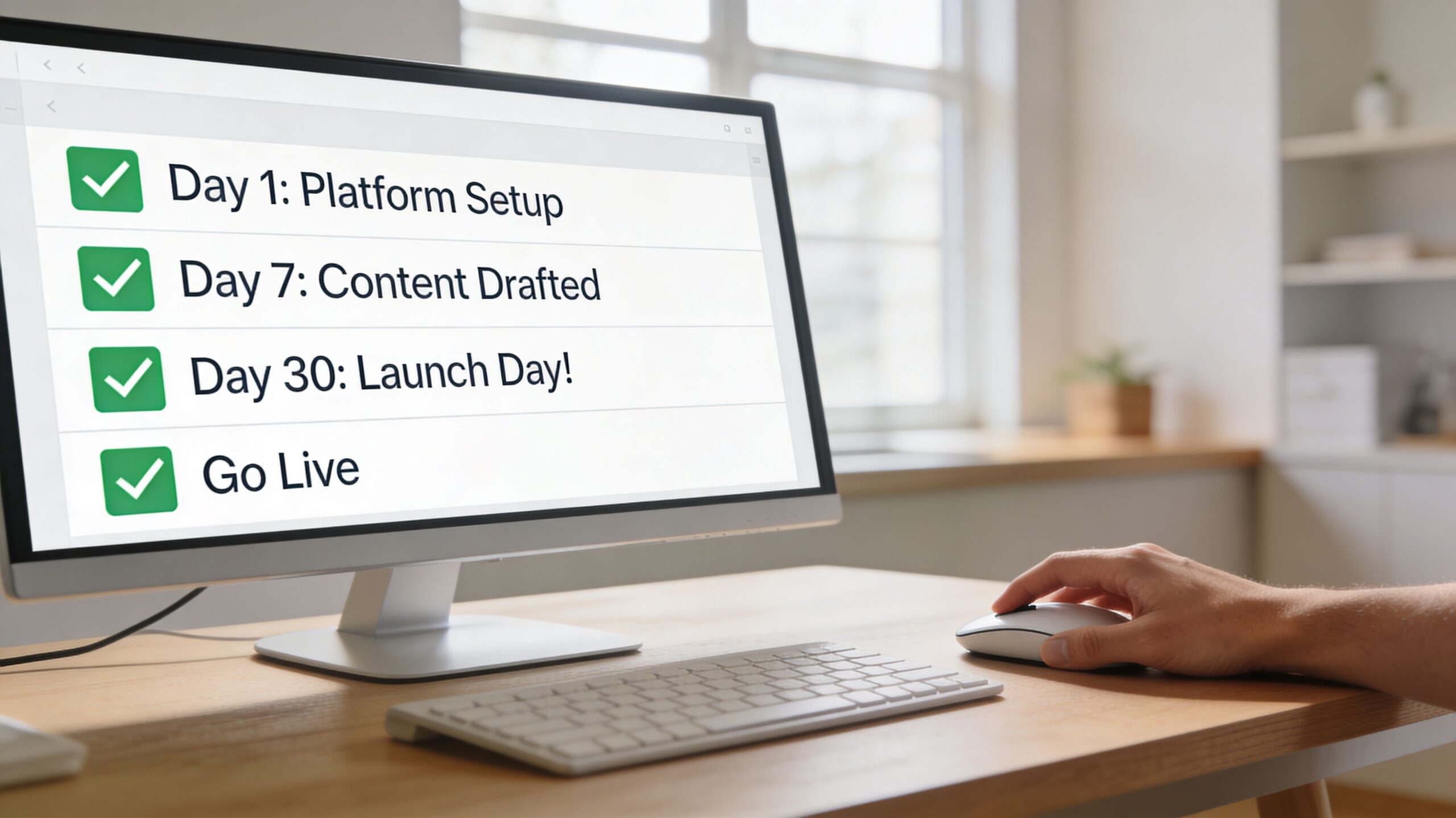 A person using a computer to view a digital checklist for launching a content creator project.