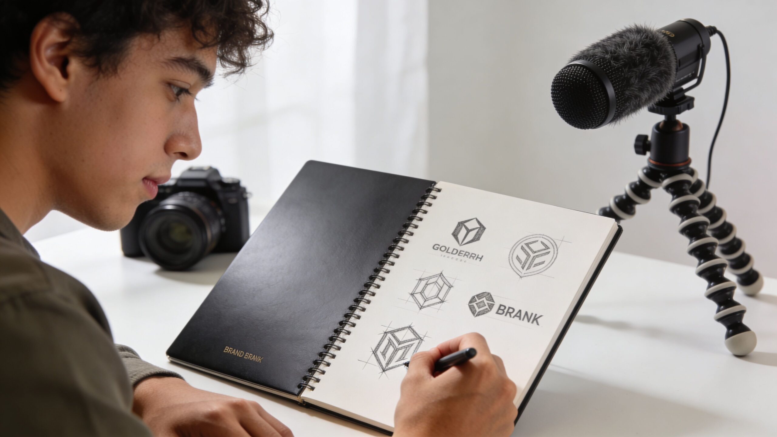 A young creative designer sketching logo concepts in a spiral notebook while recording a video tutorial.